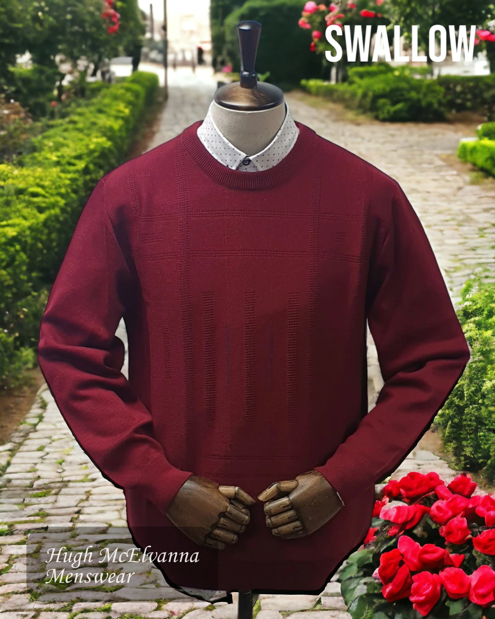 Swallow WINE Patterned Round Neck Pullover Style: AW22.03 - Hugh McElvanna Menswear 