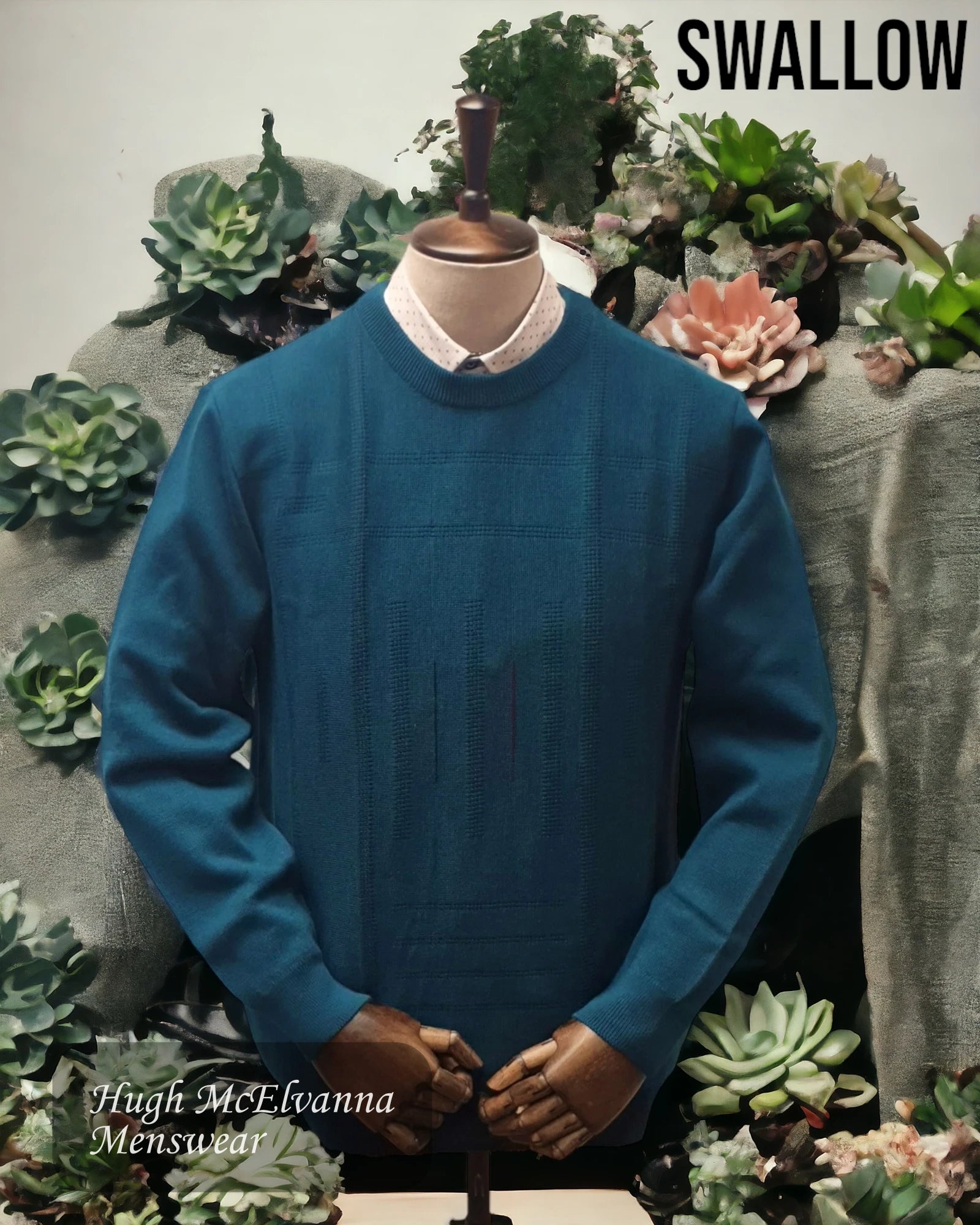 Swallow TEAL Patterned Round Neck Pullover Style: AW22.03 - Hugh McElvanna Menswear 