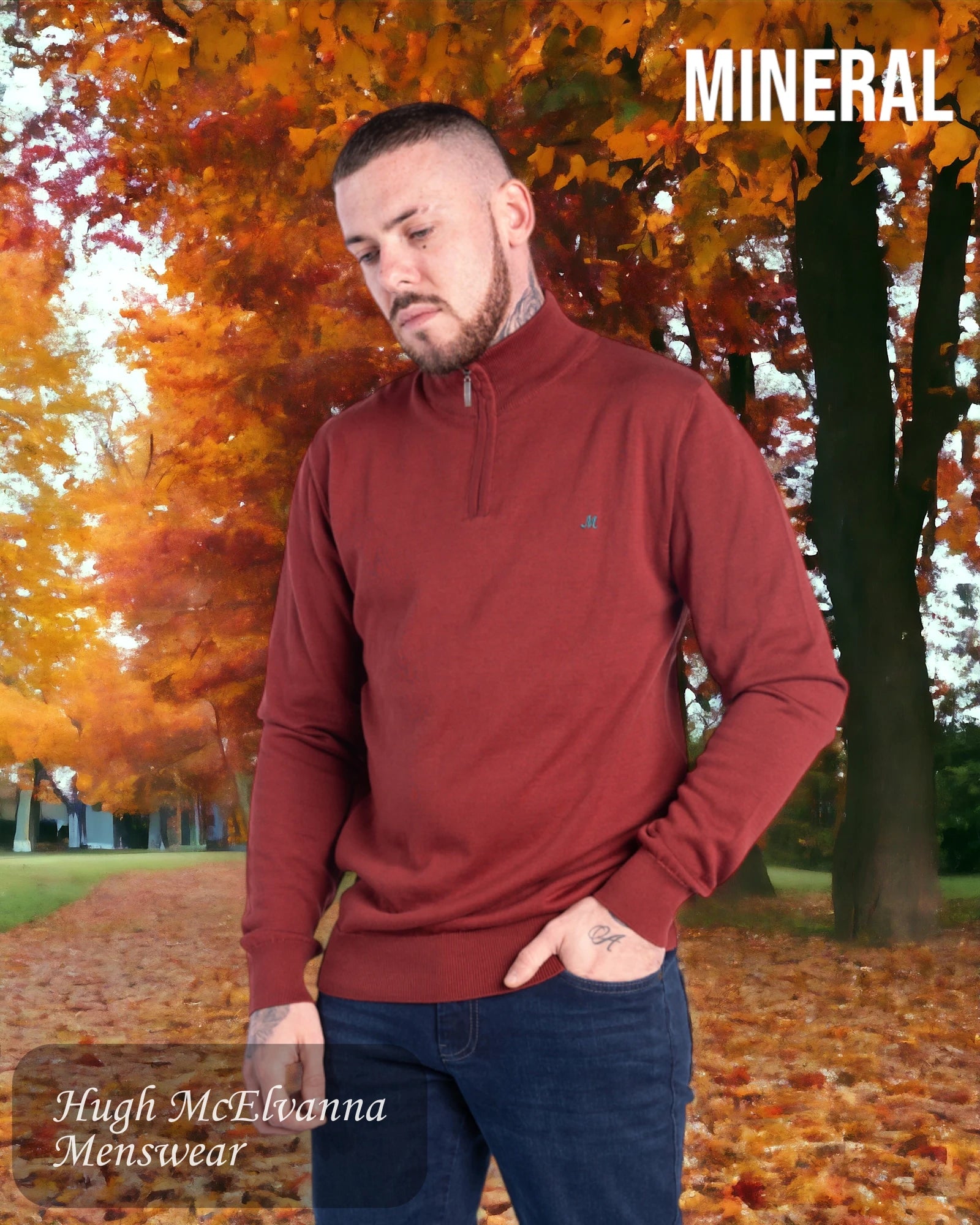 Mens 'ATLIS' Russet Red Quarter Zip Jumper - Hugh McElvanna Menswear 