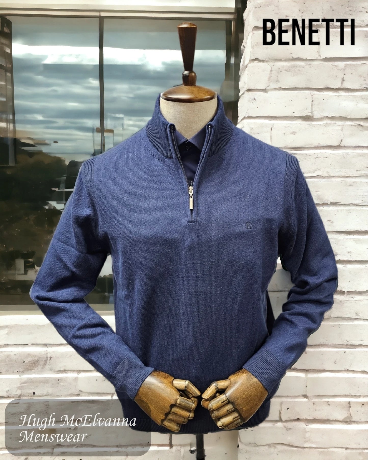 Mens INDIGO Quarter Zip BROSNA Pullover by Benetti