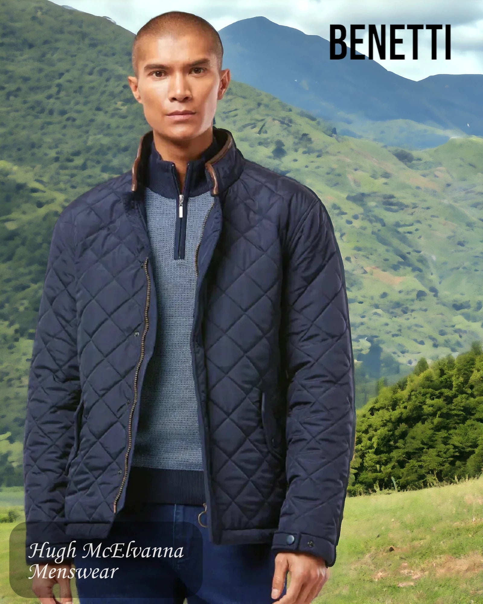 Mens Navy Quilted Coat Style: BRUTUS - Hugh McElvanna Menswear 