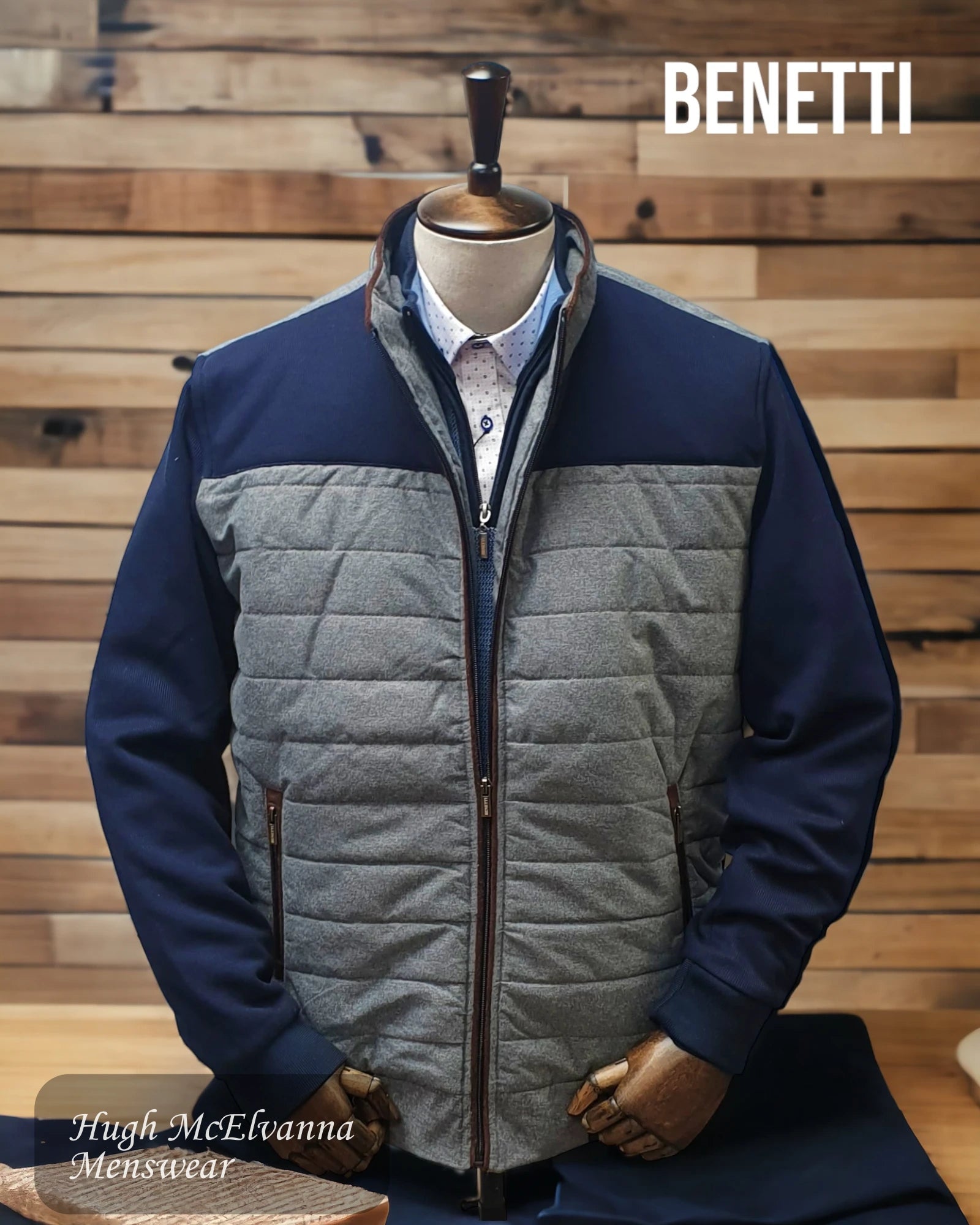 Benetti 'FLOYD' Grey Casual Bomber Jacket With Navy Trim Detail - Hugh McElvanna Menswear 