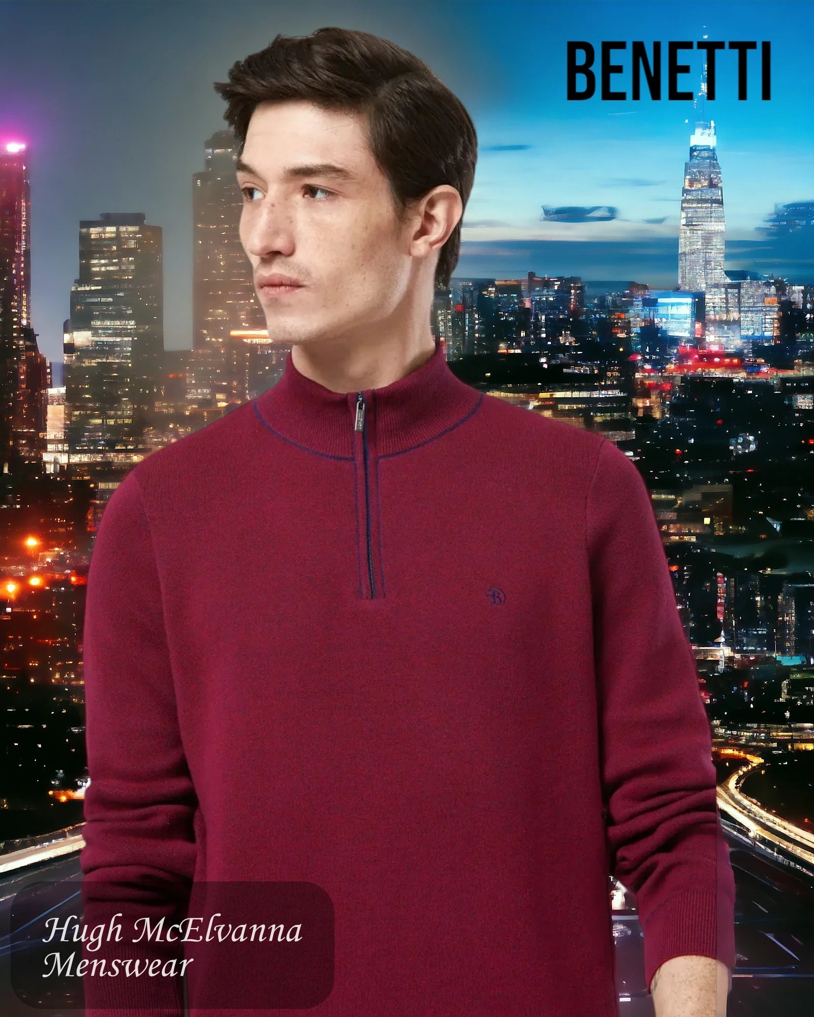 Men's Quarter Zip Benetti 'VERONA' Bordo Pullover - Hugh McElvanna Menswear 