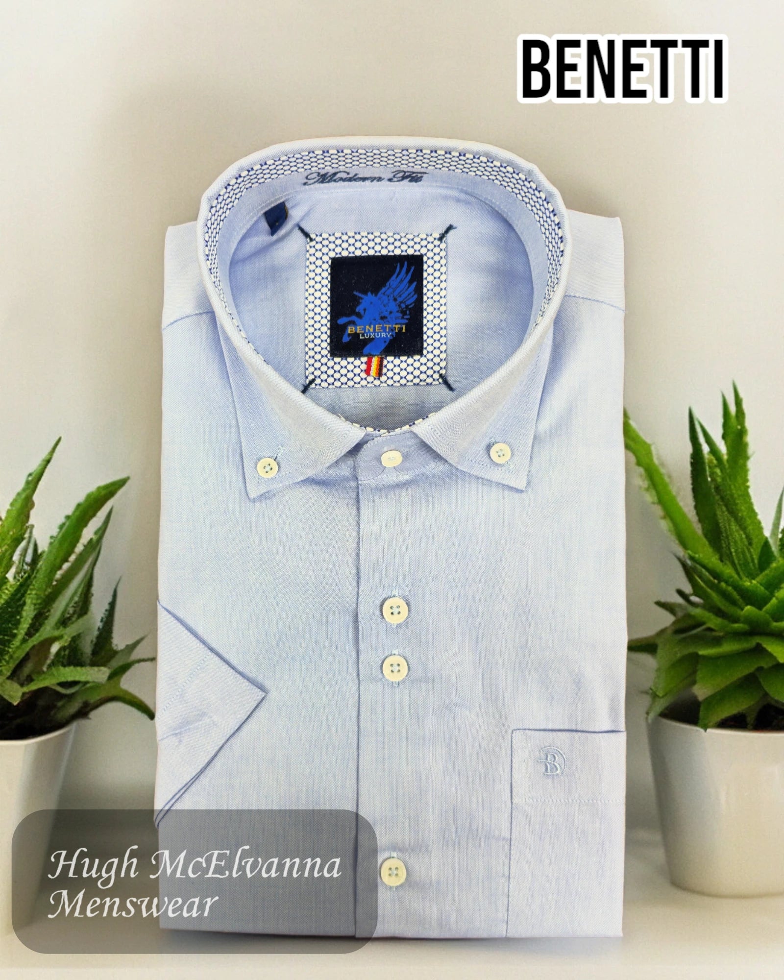 Benetti Sky Oxford Short Sleeve Shirt - Hugh McElvanna Menswear 