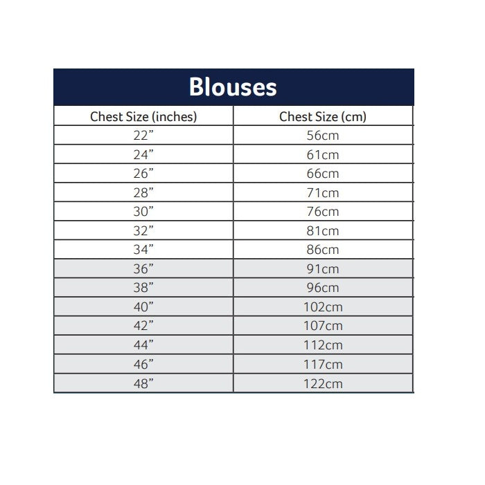 Blouse Size Guide inches to cm