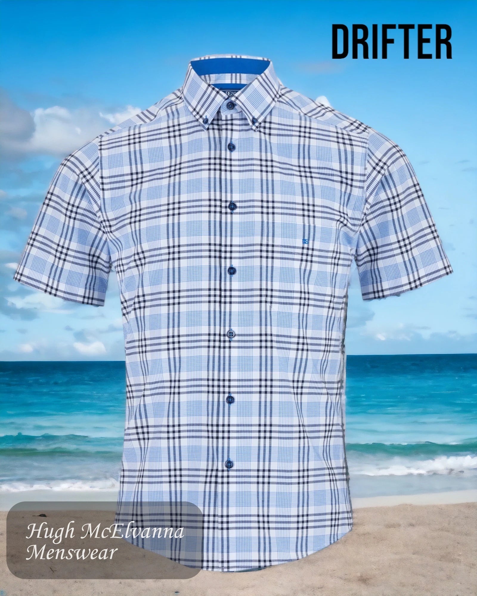 Drifter Mens Summer Shirt Blue Check Style: 14449SS/12 - Hugh McElvanna Menswear 