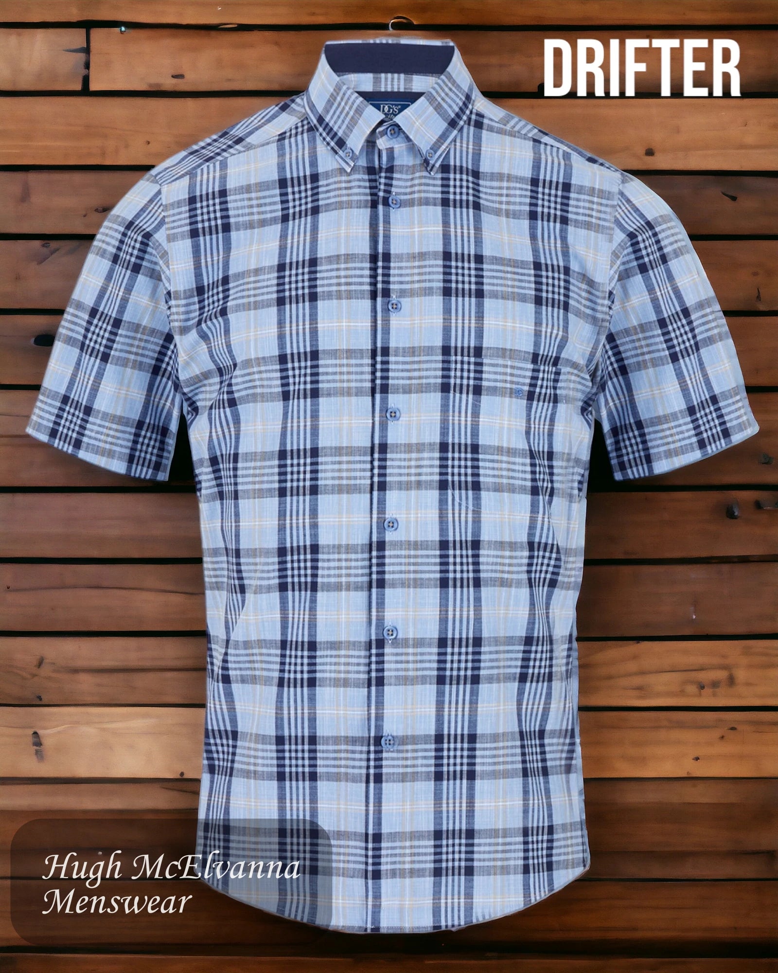 Drifter Mens Summer Shirt Blue Check Style: 14561SS/23 - Hugh McElvanna Menswear 