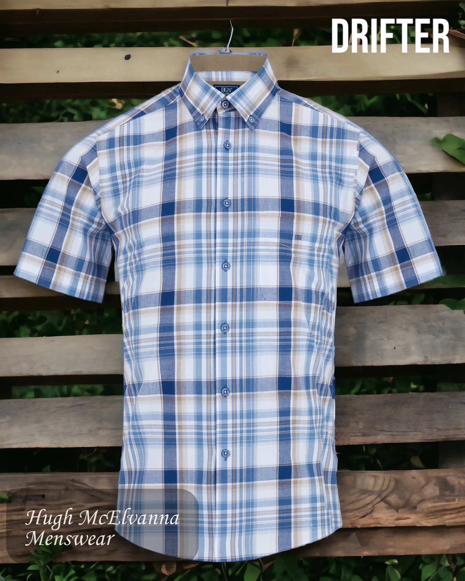 Drifter Mens Summer Shirt Blue Check Style: 14563SS/25 - Hugh McElvanna Menswear 