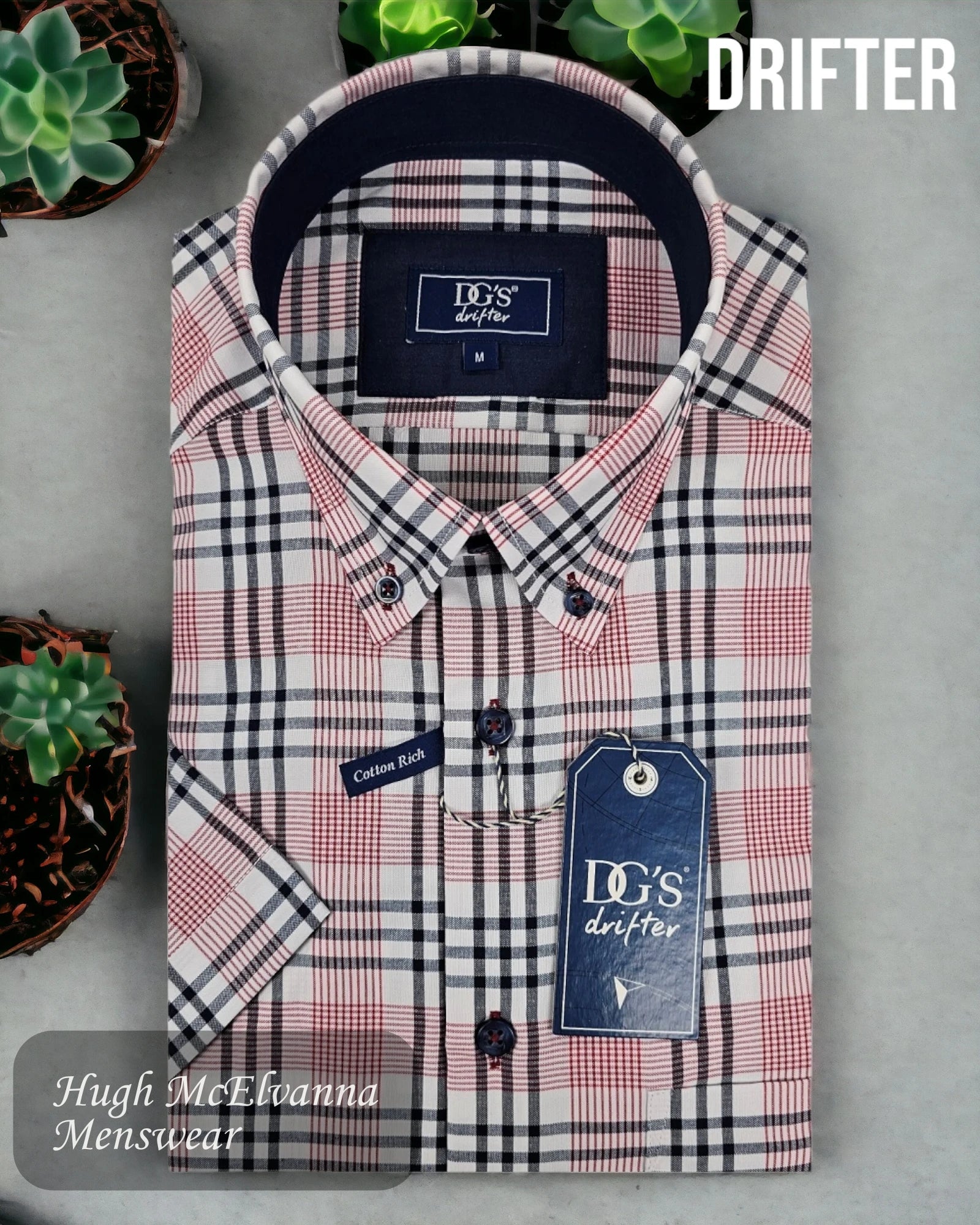 Drifter Mens Summer Shirt Red Check Style: 14449SS/16 - Hugh McElvanna Menswear 