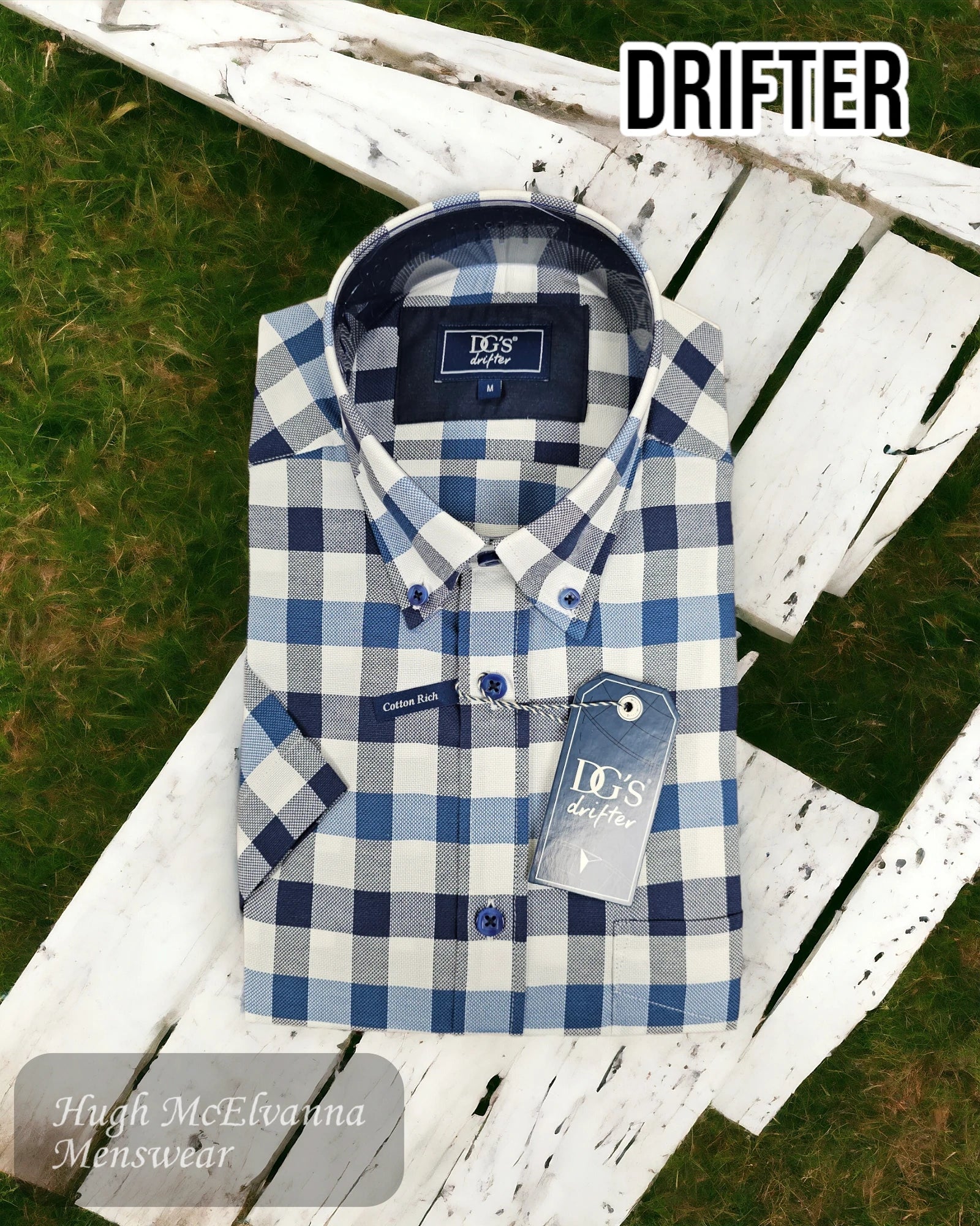 Drifter Blue Check Short Sleeve Shirt - 140606SS25 - Hugh McElvanna Menswear 