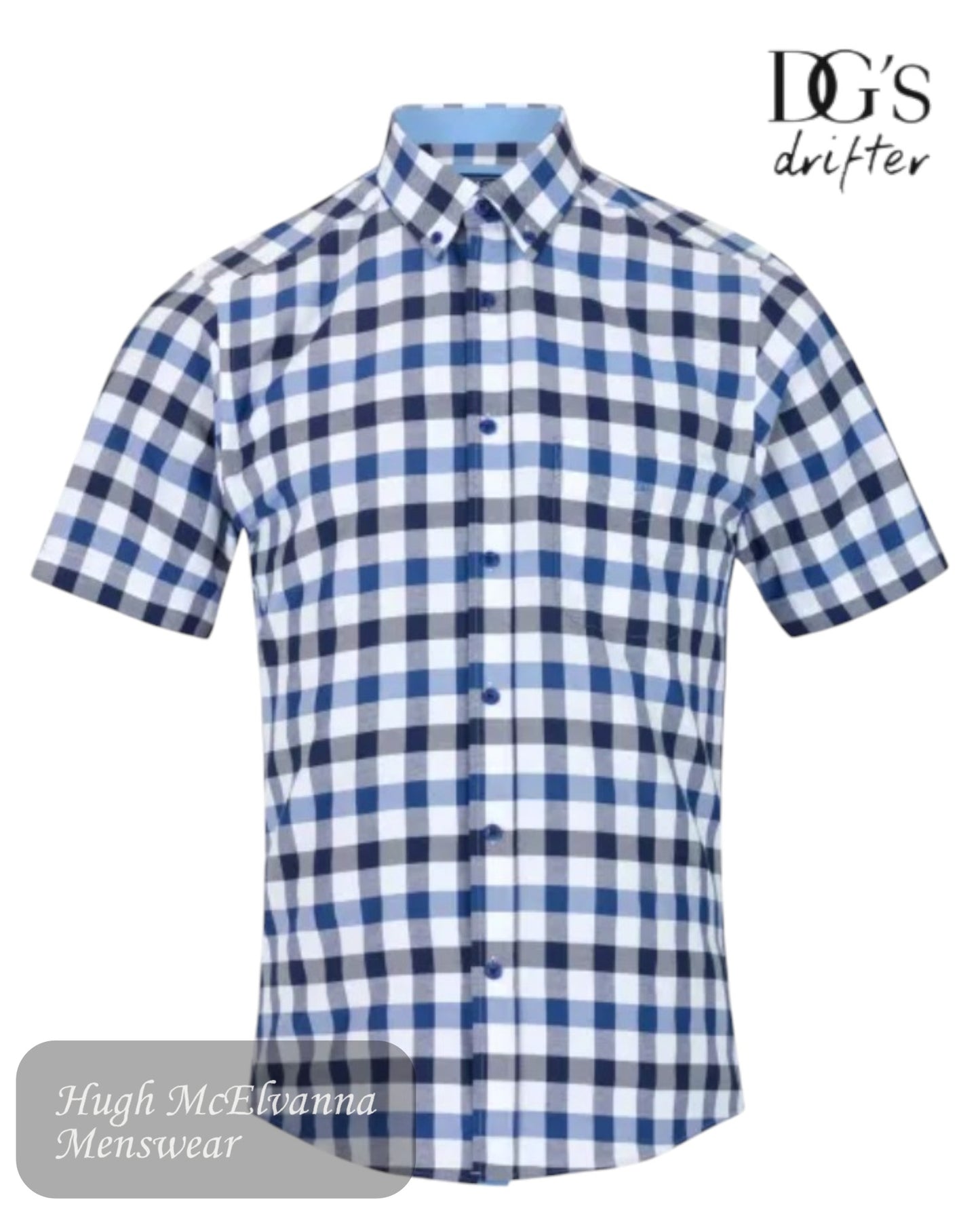 Elevate your wardrobe with the Drifter Blue Short Sleeve Shirt 14606SS/25, a must-have men’s shirt featuring a bold blue and navy check pattern on a crisp white background.