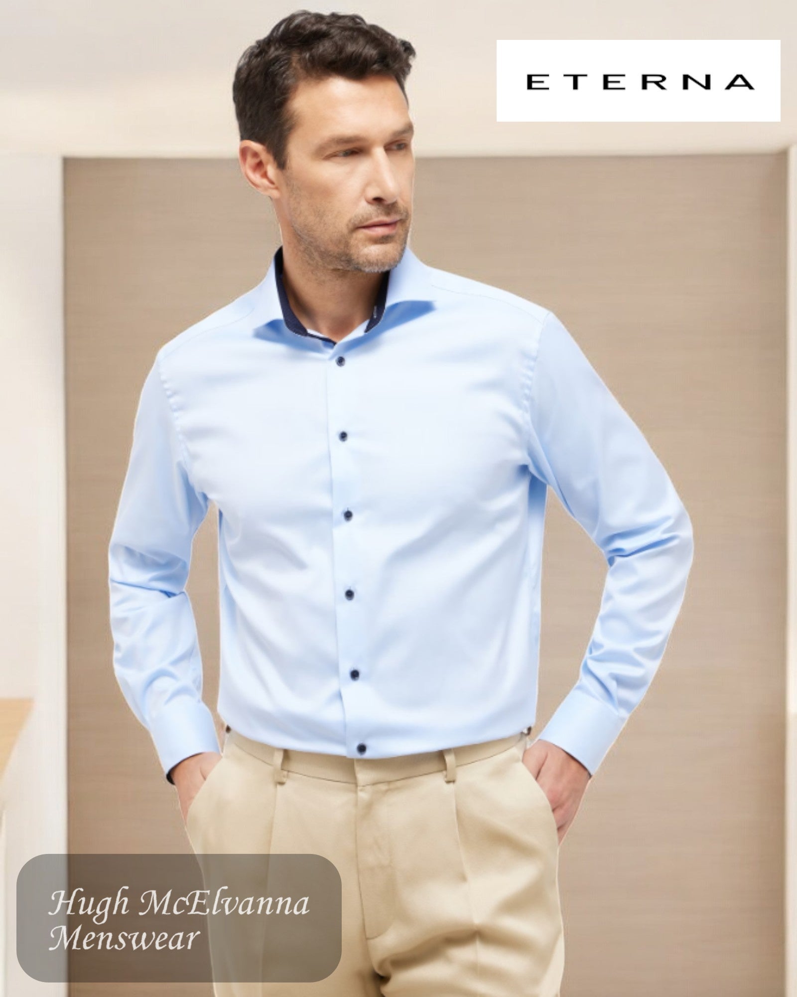 ETERNA BLUE Modern Fit Cover Shirt with contrast navy trim inside the collat and behind the buttons