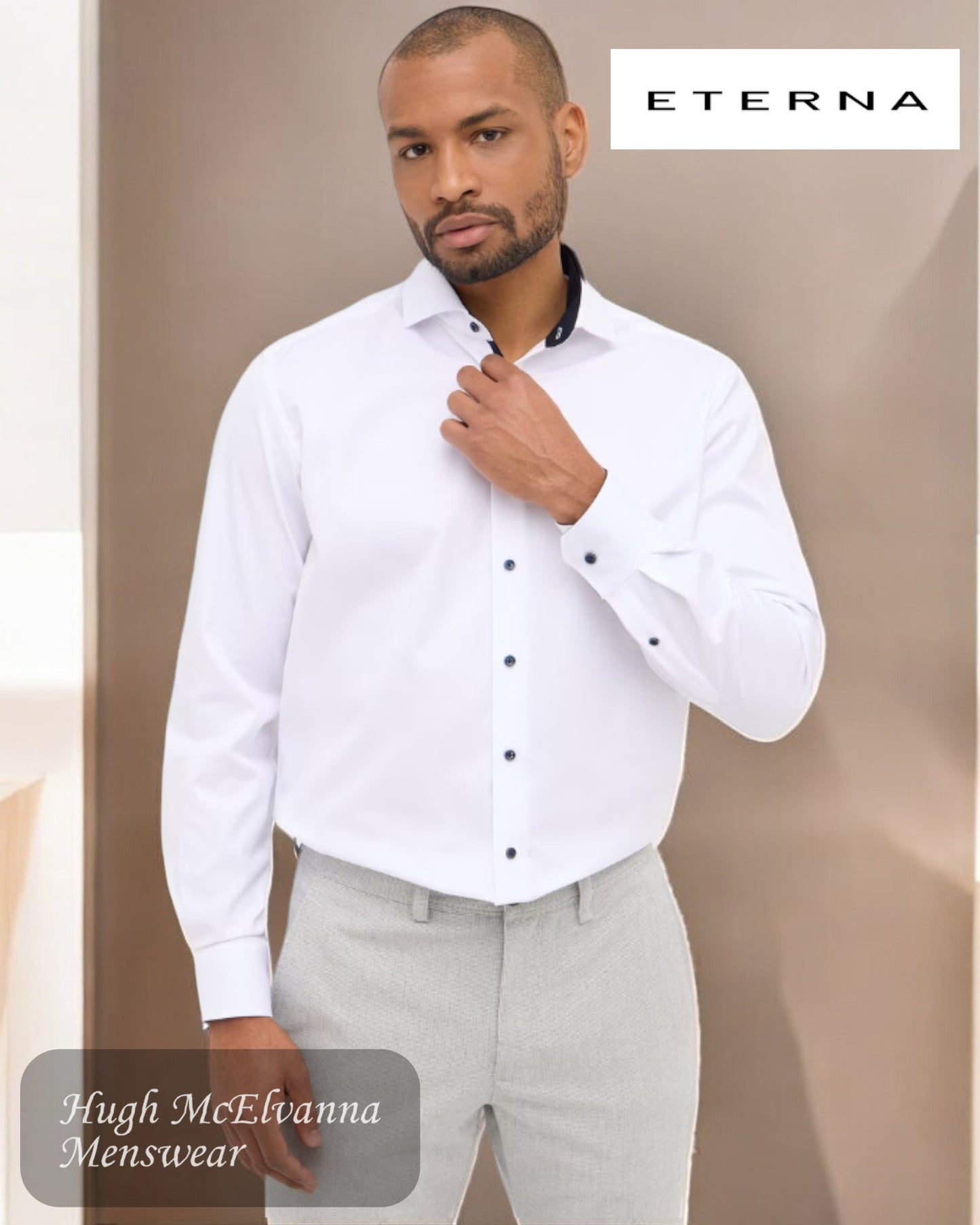 ETERNA WHITE Modern Fit Cover Shirt with contrast trim.