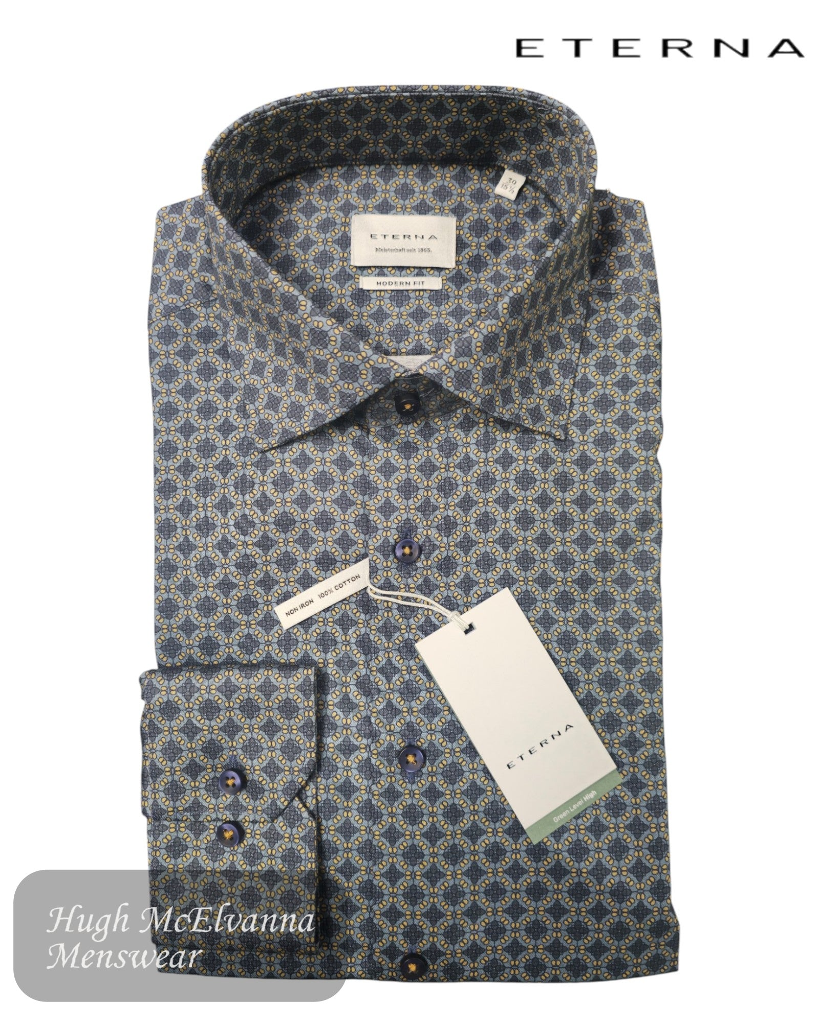 ETERNA Modern Fit Navy Print Shirt – 4396-17_X18K - Designed for the modern gentleman, this shirt offers a stylish navy print - Hugh McElvanna Menswear 