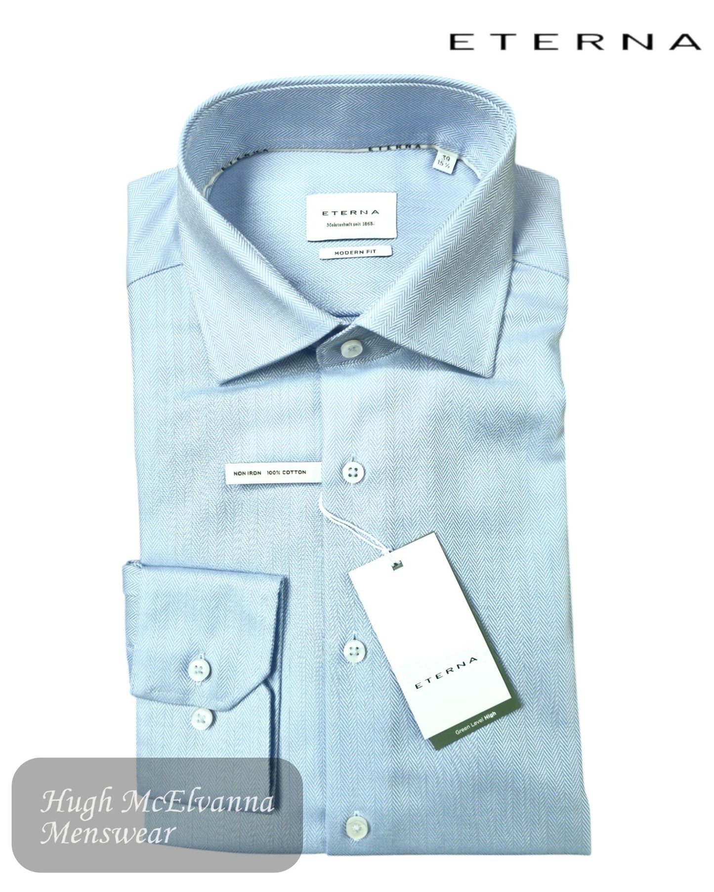 Eterna Modern Fit Light Blue Herringbone Shirt – 100% Non-Iron Cotton (Style: 1179-12_X18K)