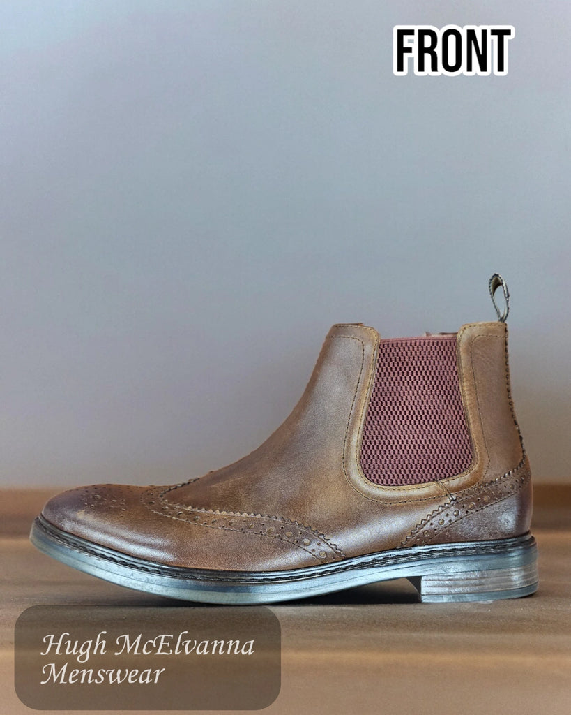 Front Brown Chelsea boot with burgundy gusset side