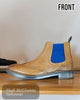 Front Tan Chelsea boot with Blue gusset side