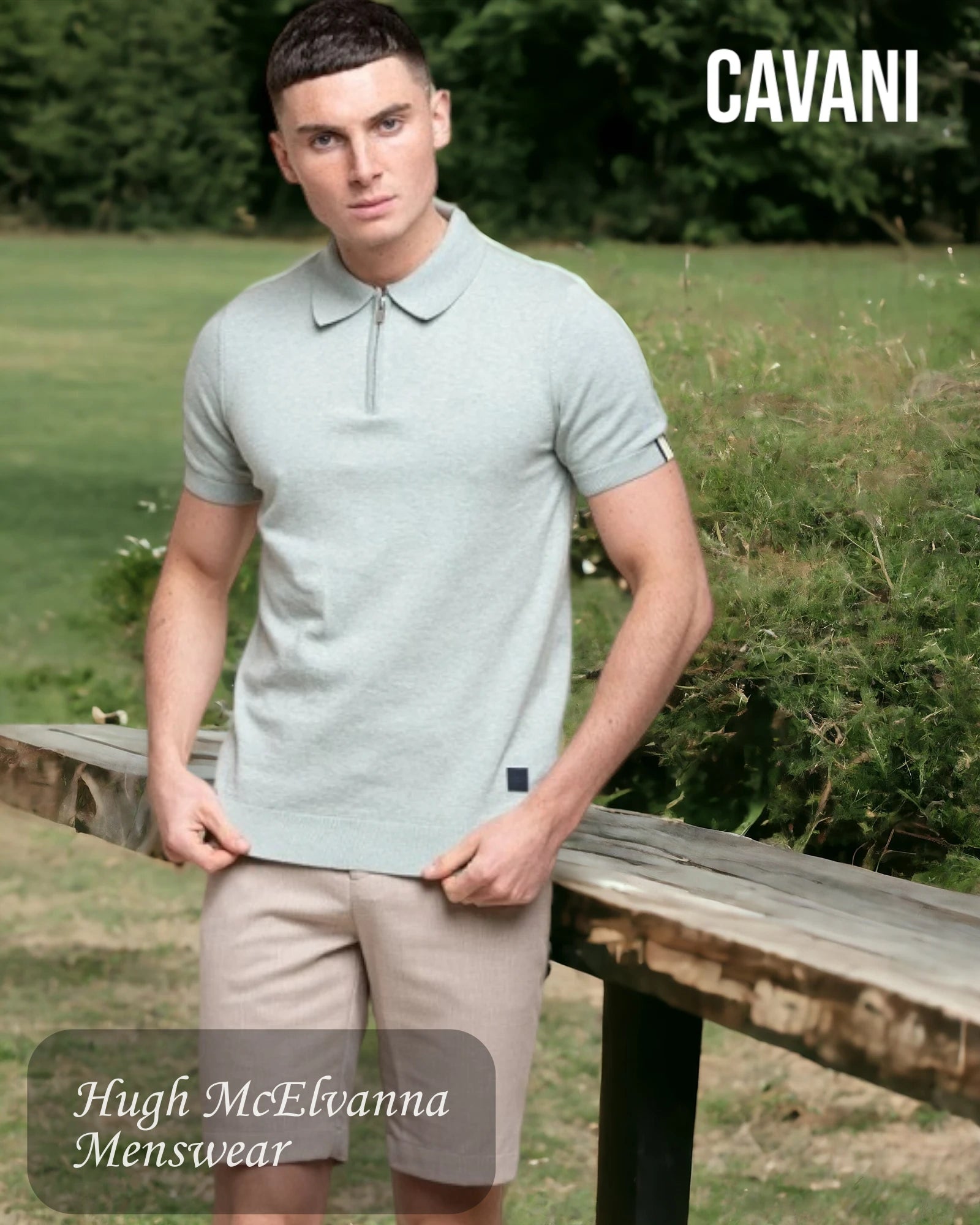 Men's Almond Green House Of Cavani Fashion DINO Zip Jersey Polo - Hugh McElvanna Menswear 