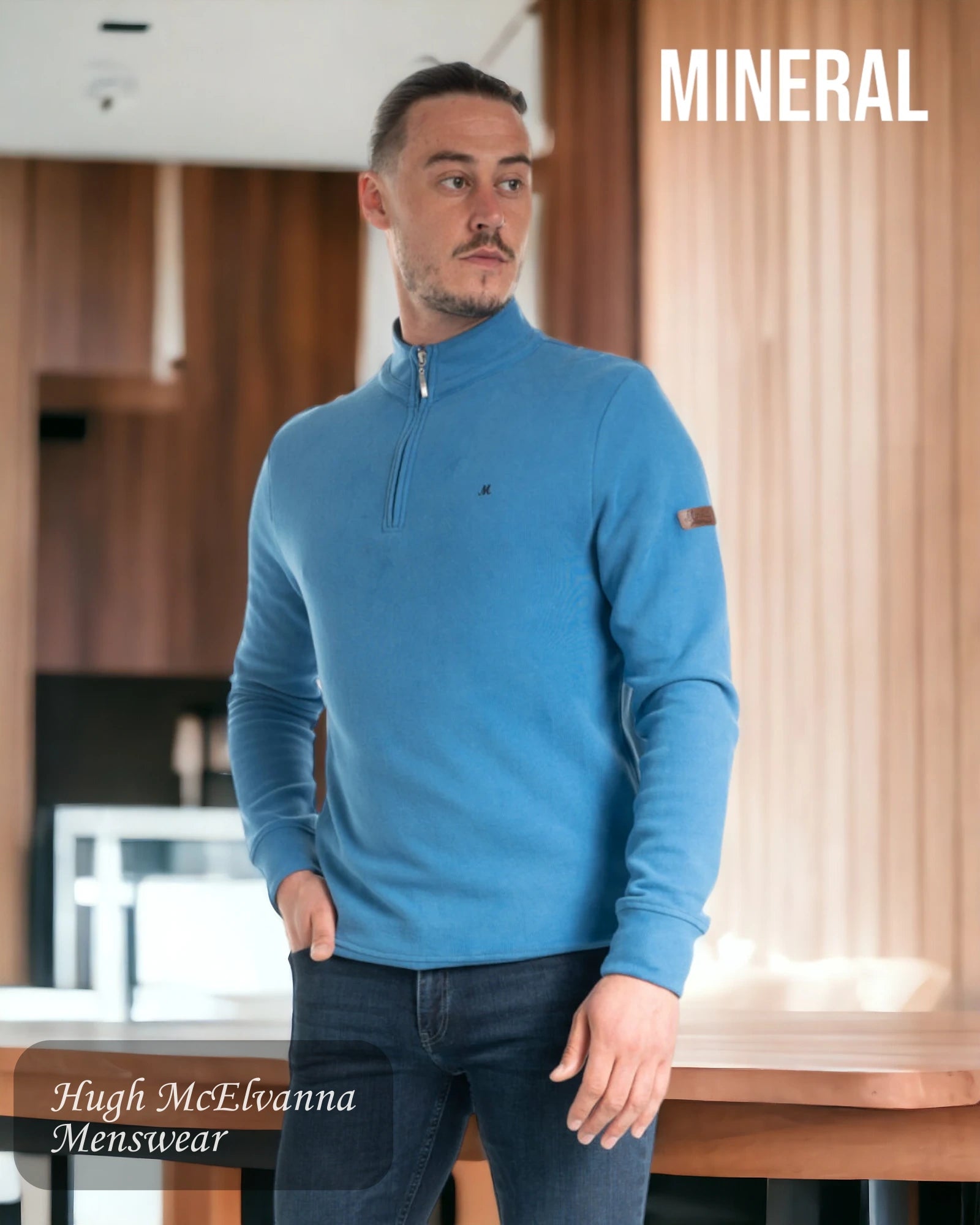 Mineral PRUSSIAN BLUE Cotton ¼ Zip Sweatshirt Style: Kentucky - Hugh McElvanna Menswear 