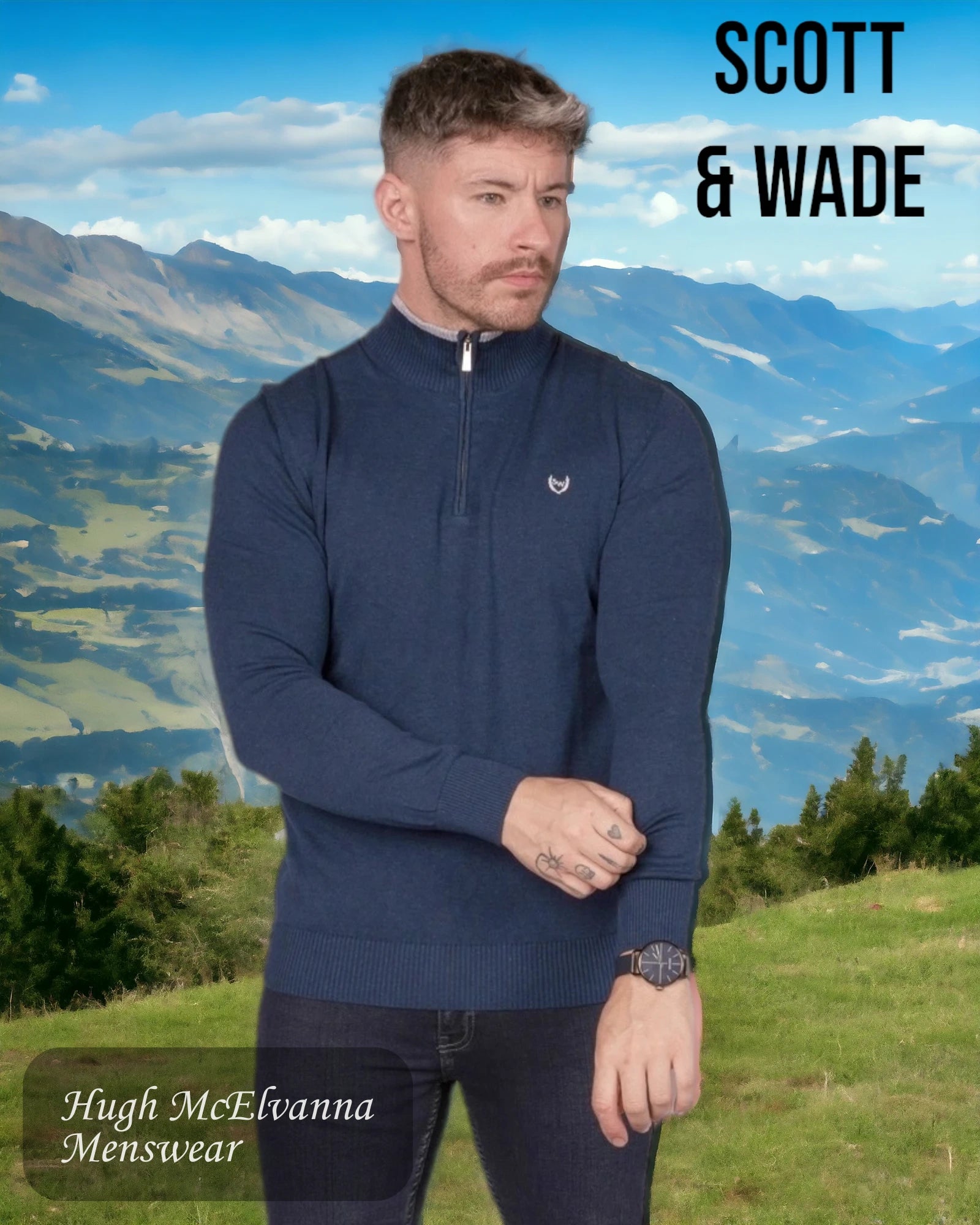 Men's Quarter Zip Blue Cotton Pullover Style: MACHLI - Hugh McElvanna Menswear 