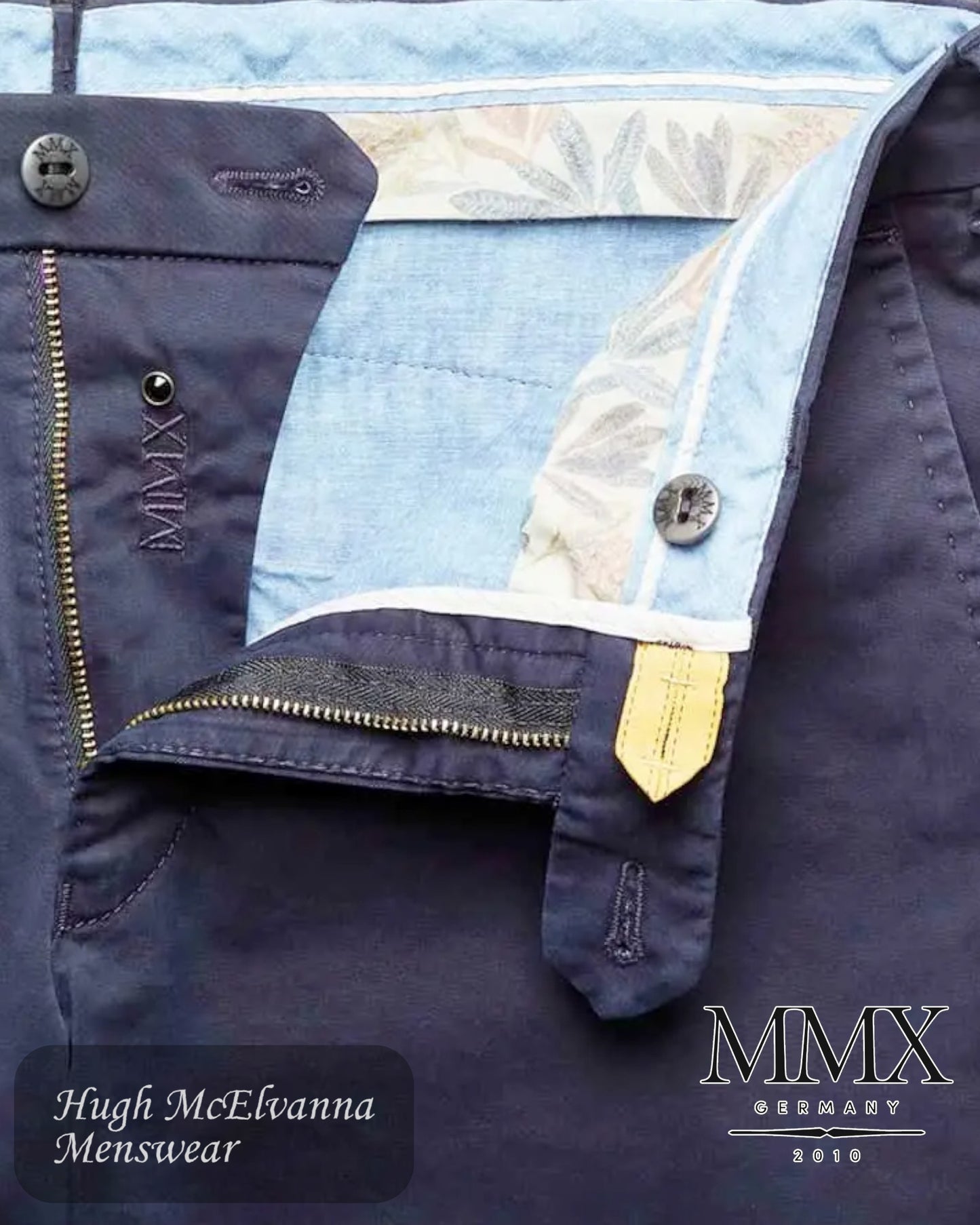 MMX LUPUS 7302/817 Blue Fairtrade Cotton Chino waistband detail close up