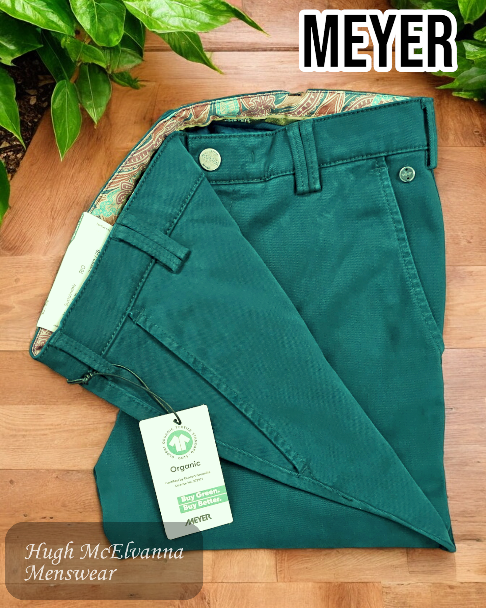 Meyer RIO 3552/28 dark green trouser with detailed waistband.