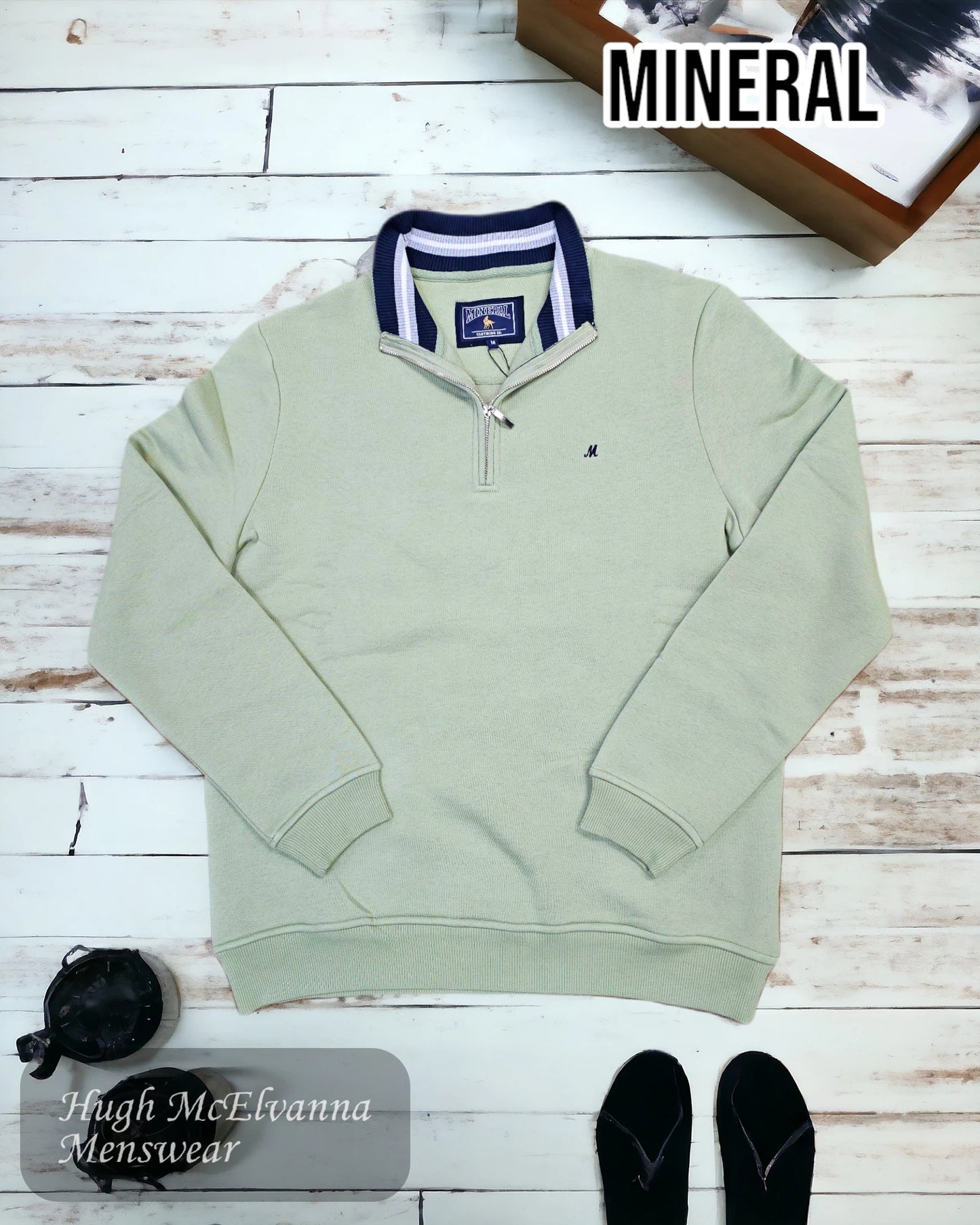 Mineral REY SAGE Quarter Zip Sweatshirt from Hugh McElvanna Menswear