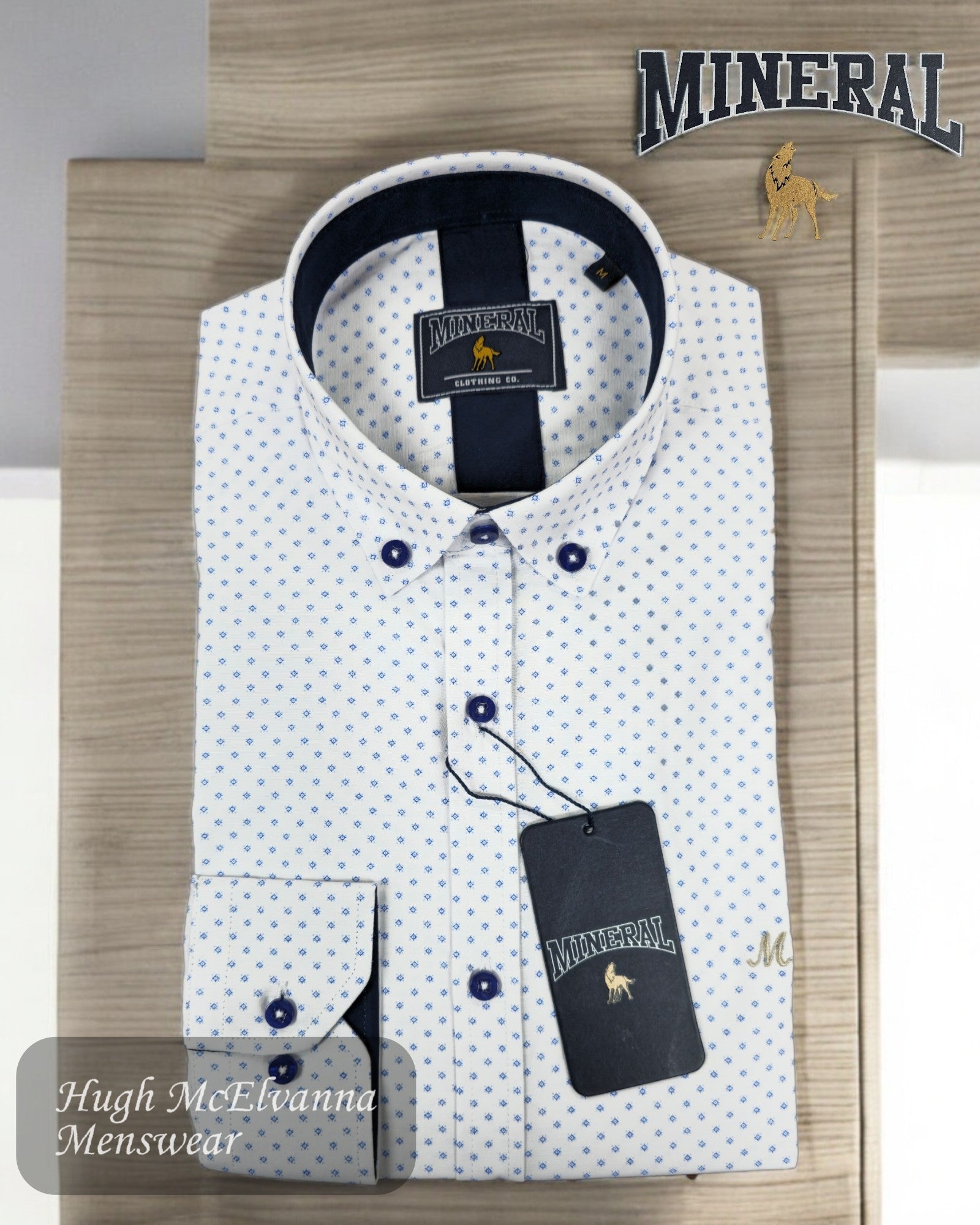 This white shirt with a blue micro-pattern design showcases a modern yet timeless aesthetic - Hugh McElvanna Menswear 