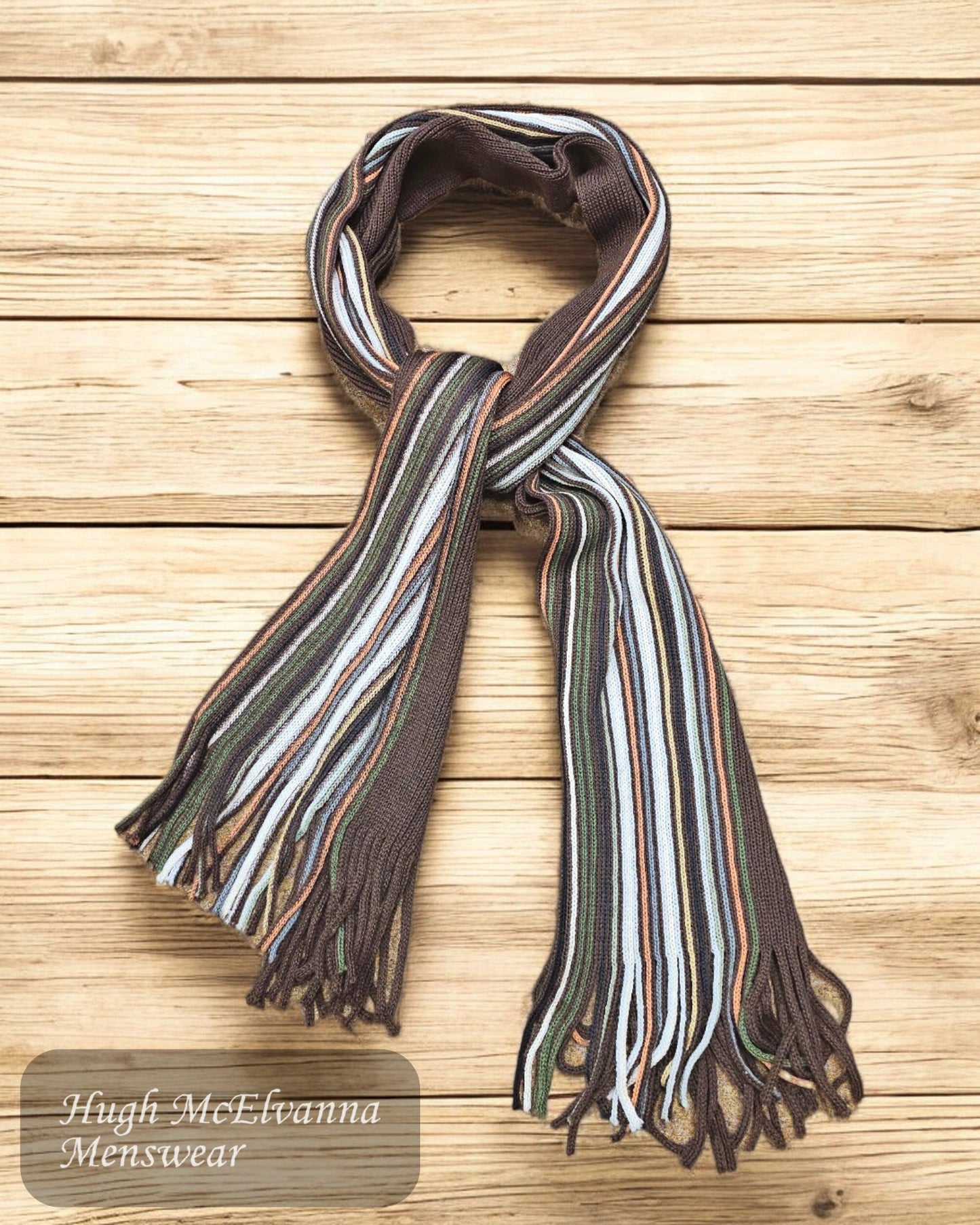 PETER Brown Wool Scarf - This sophisticated scarf features a rich brown base adorned with contrasting stripes in earthy rust, green, beige, grey, and classic black.