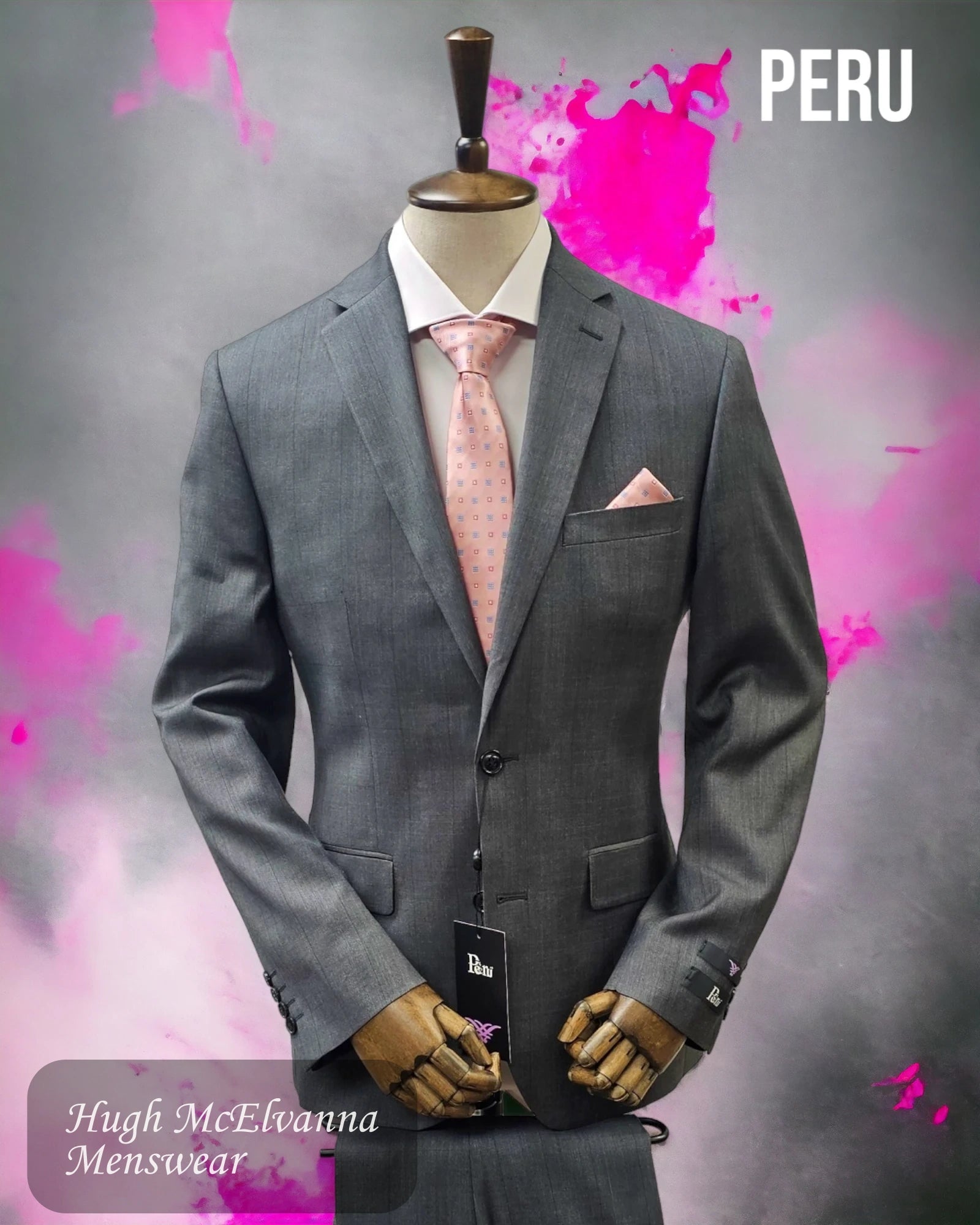 Mens Suit Grey Check 2Pc. Tapered Fit by Peru Style: S2693/2 - Hugh McElvanna Menswear 