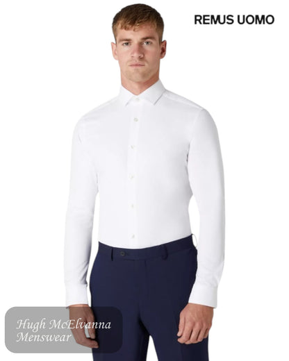 Elevate your wardrobe with the Remus Uomo Slim Fit Cotton Stretch Long-Sleeved Shirt in classic white