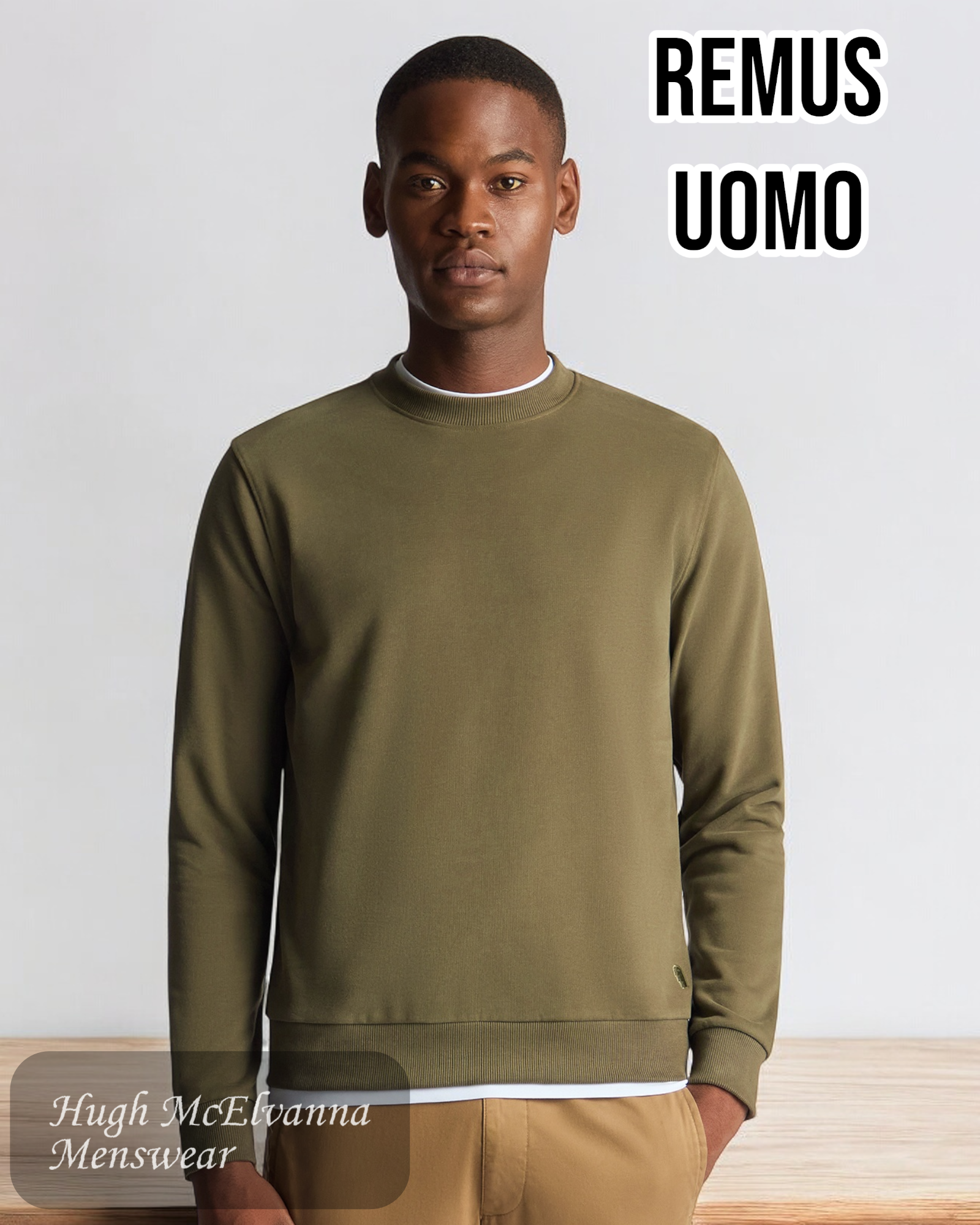 Remus Uomo OLIVE Crew Neck Sweatshirt - Hugh McElvanna Menswear 