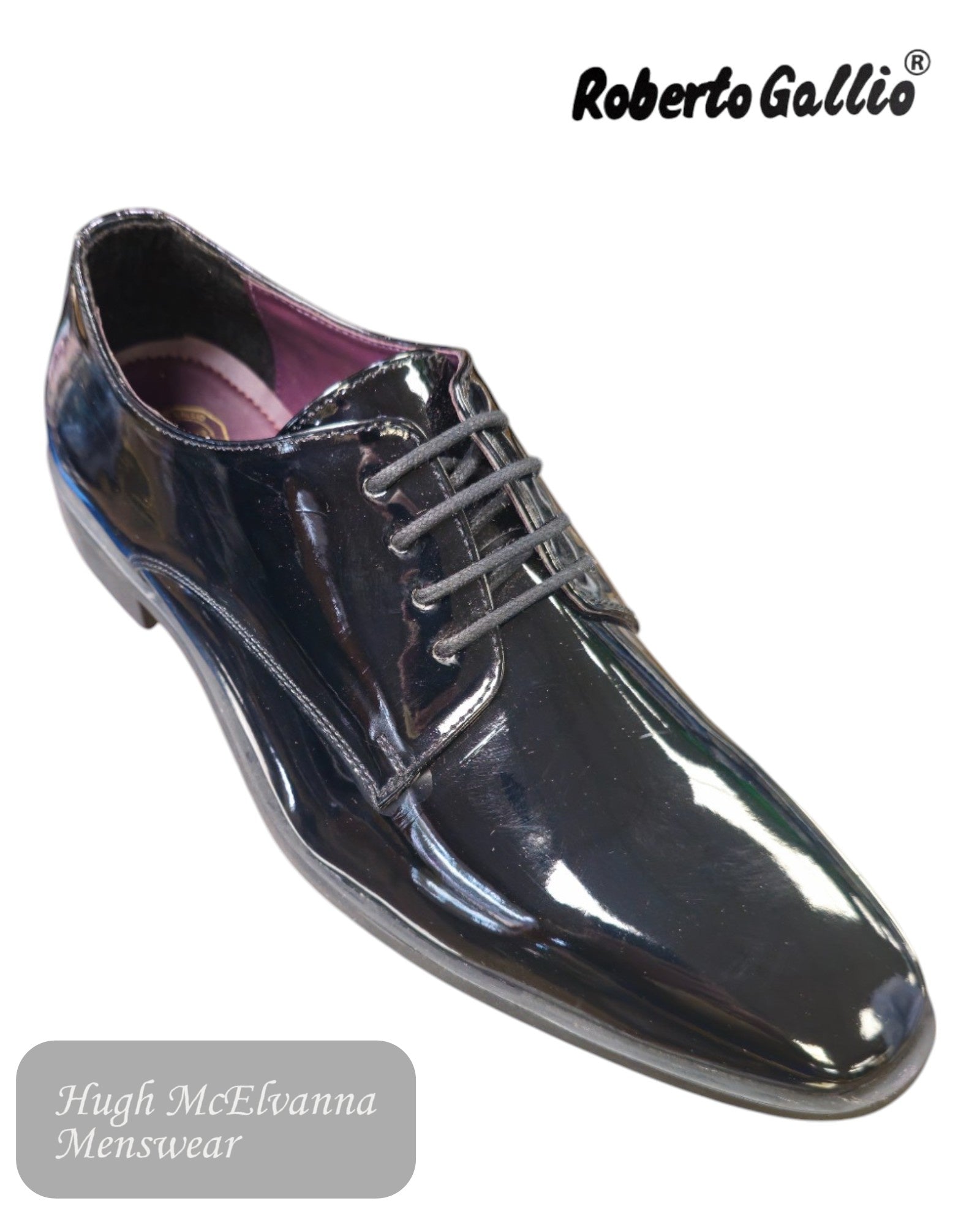 Make a bold statement with the Roberto Gallio JAMES Black Patent Laced Shoe, designed for men who appreciate luxury and sophistication. - Hugh McElvanna Menswear 