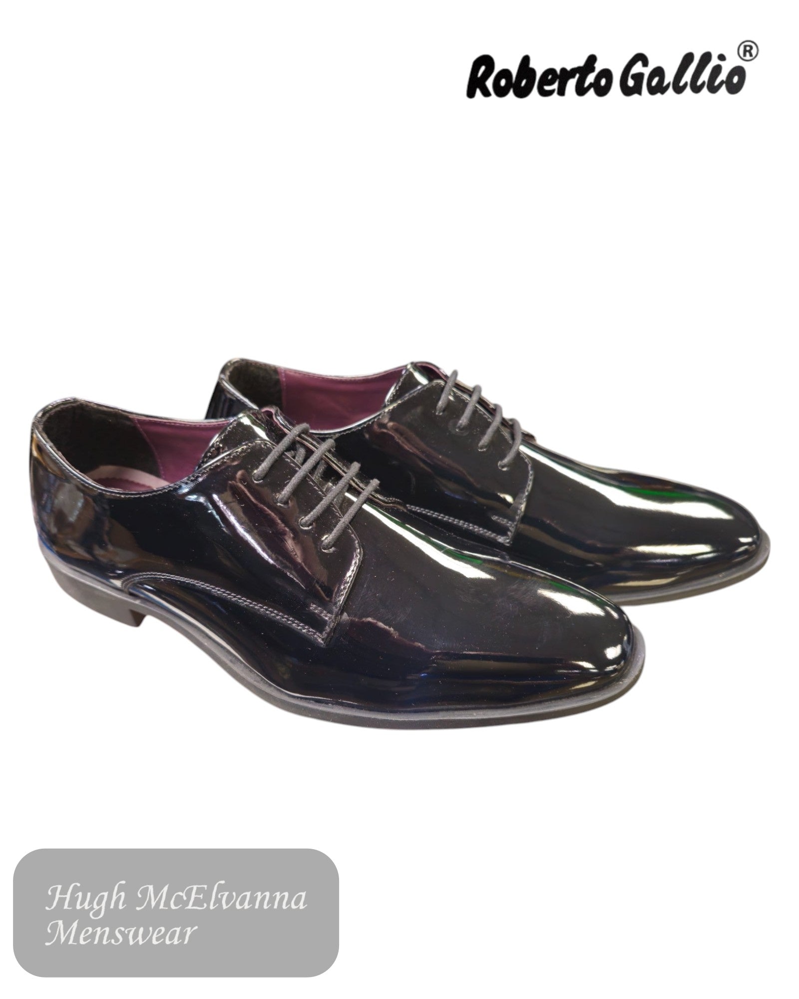  Roberto Gallio JAMES Black Patent Laced Shoe delivers unmatched class and elegance. 