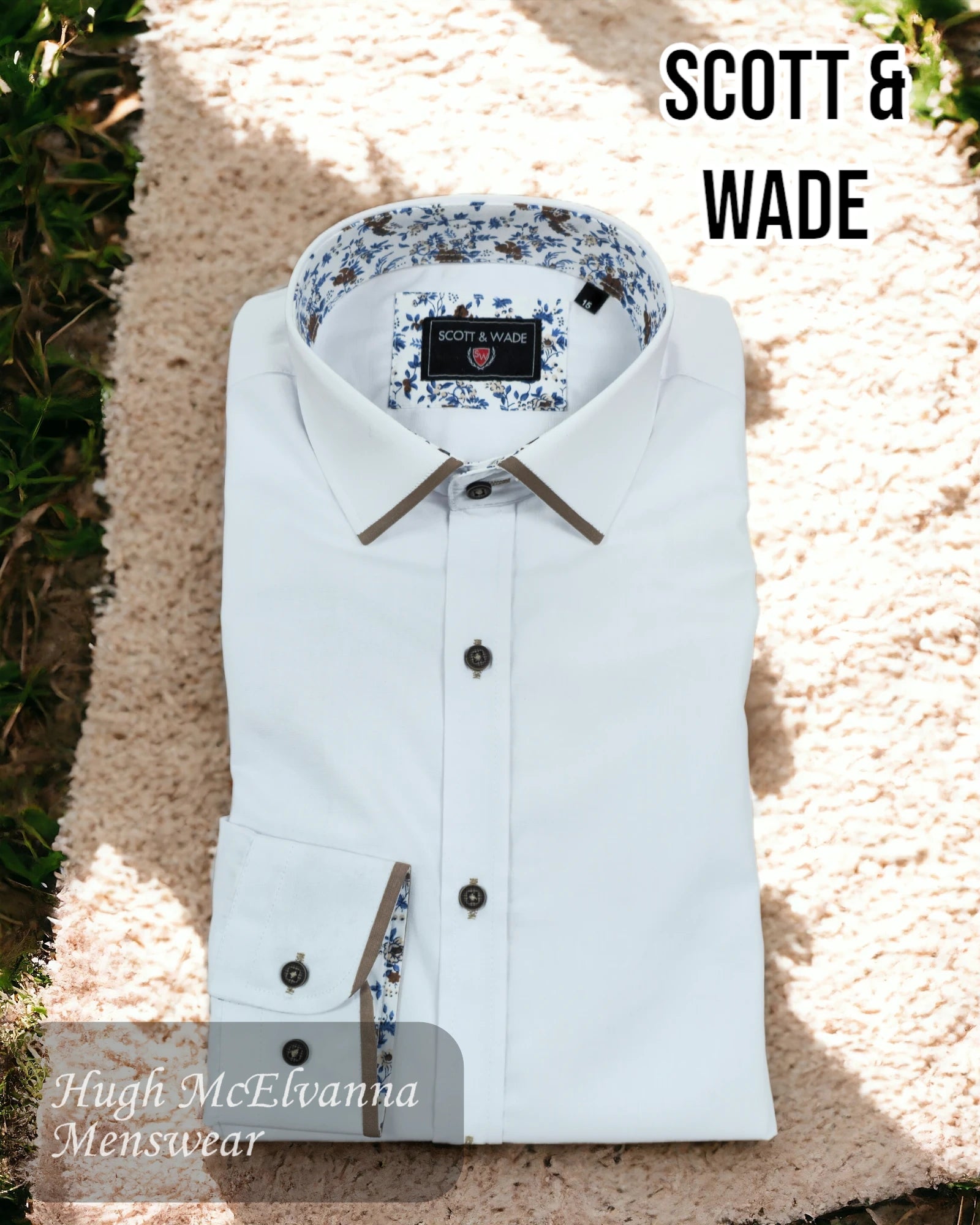 JOSS white long sleeve shirt with tan trim by Scott & Wade - Hugh McElvanna Menswear 