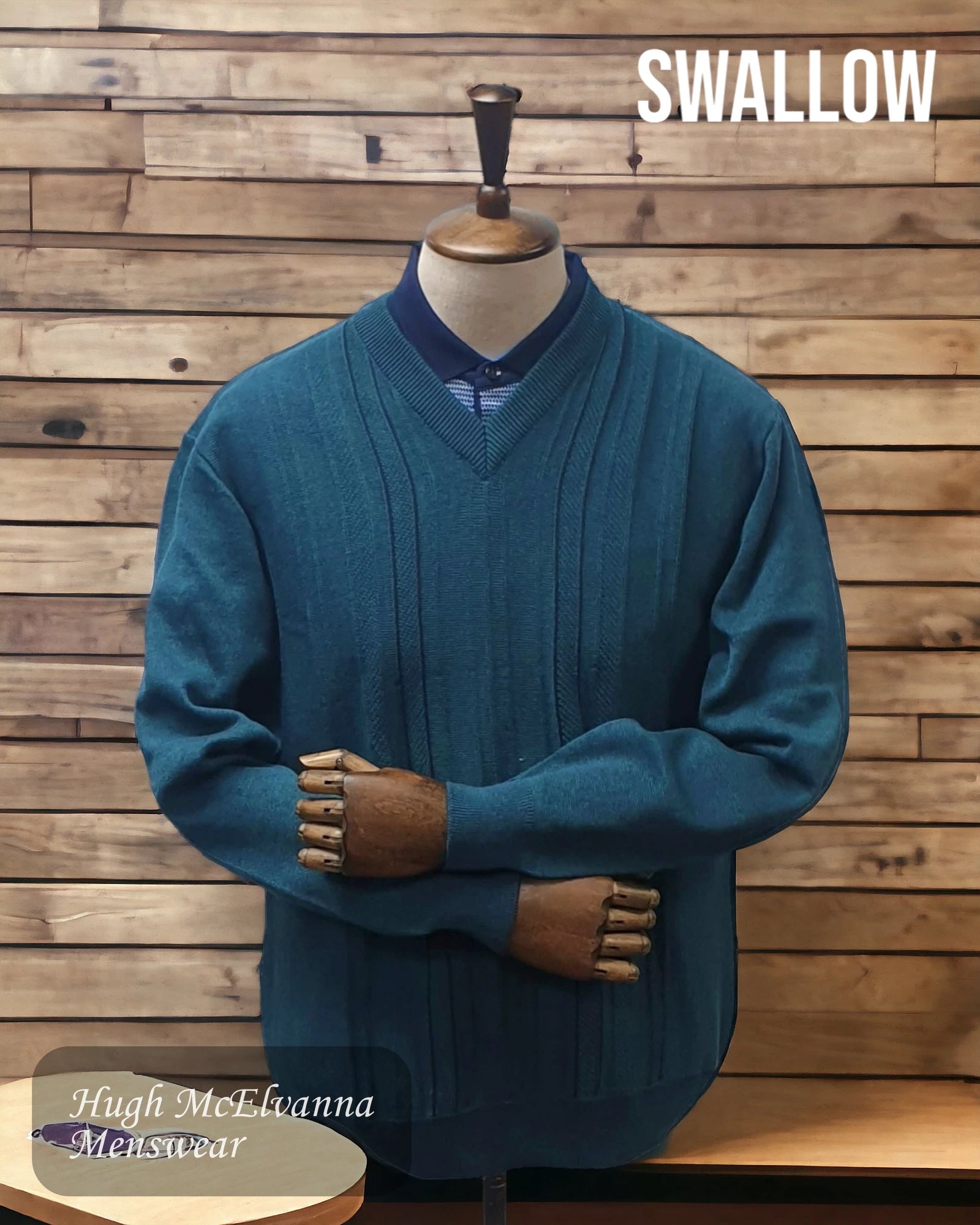 Mens PETROL Sweater V Neck Design Front by Swallow Style: AW22.09 - Hugh McElvanna Menswear 