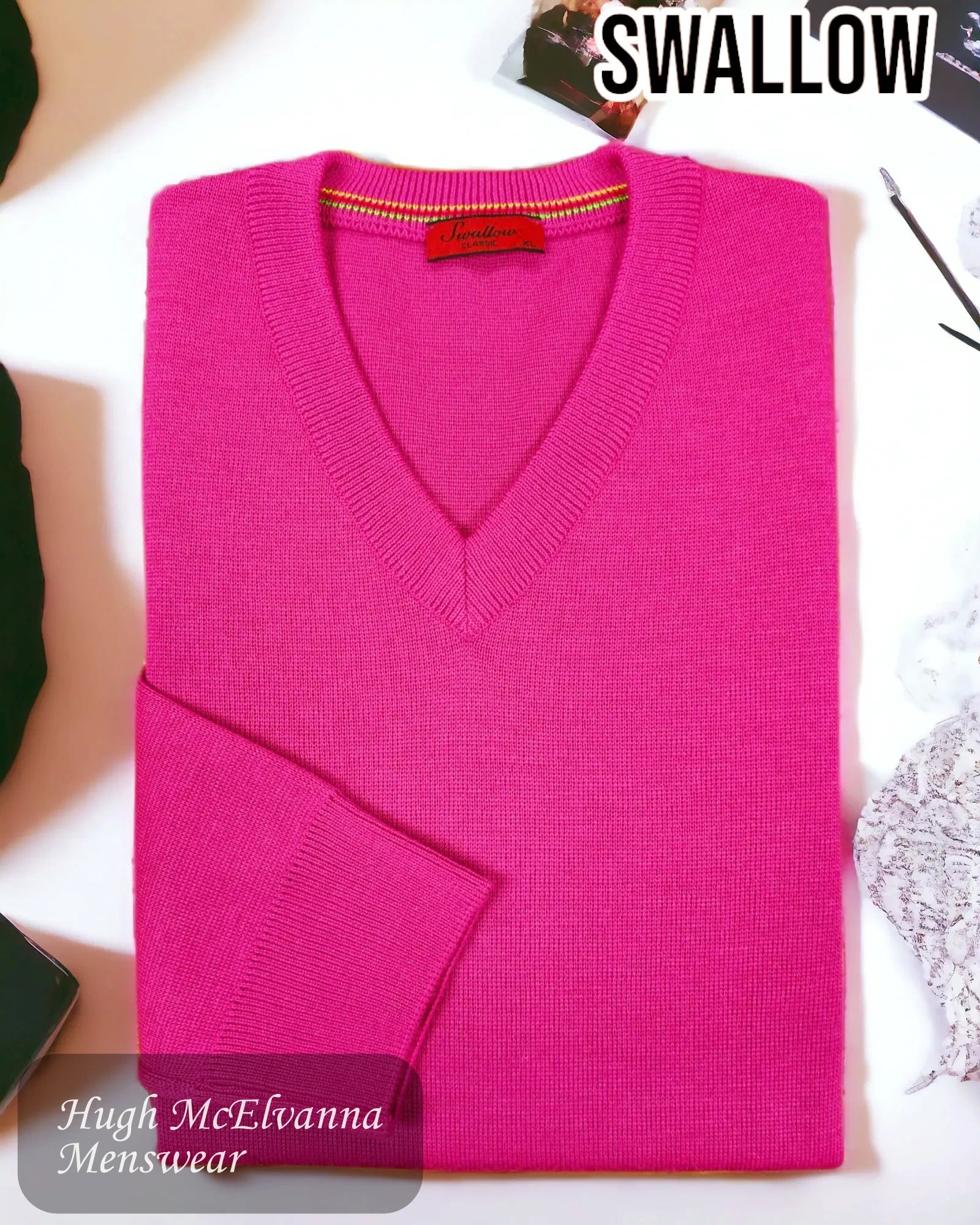 Swallow Hot Pink 10GG V-Neck Pullover - Hugh McElvanna Menswear 