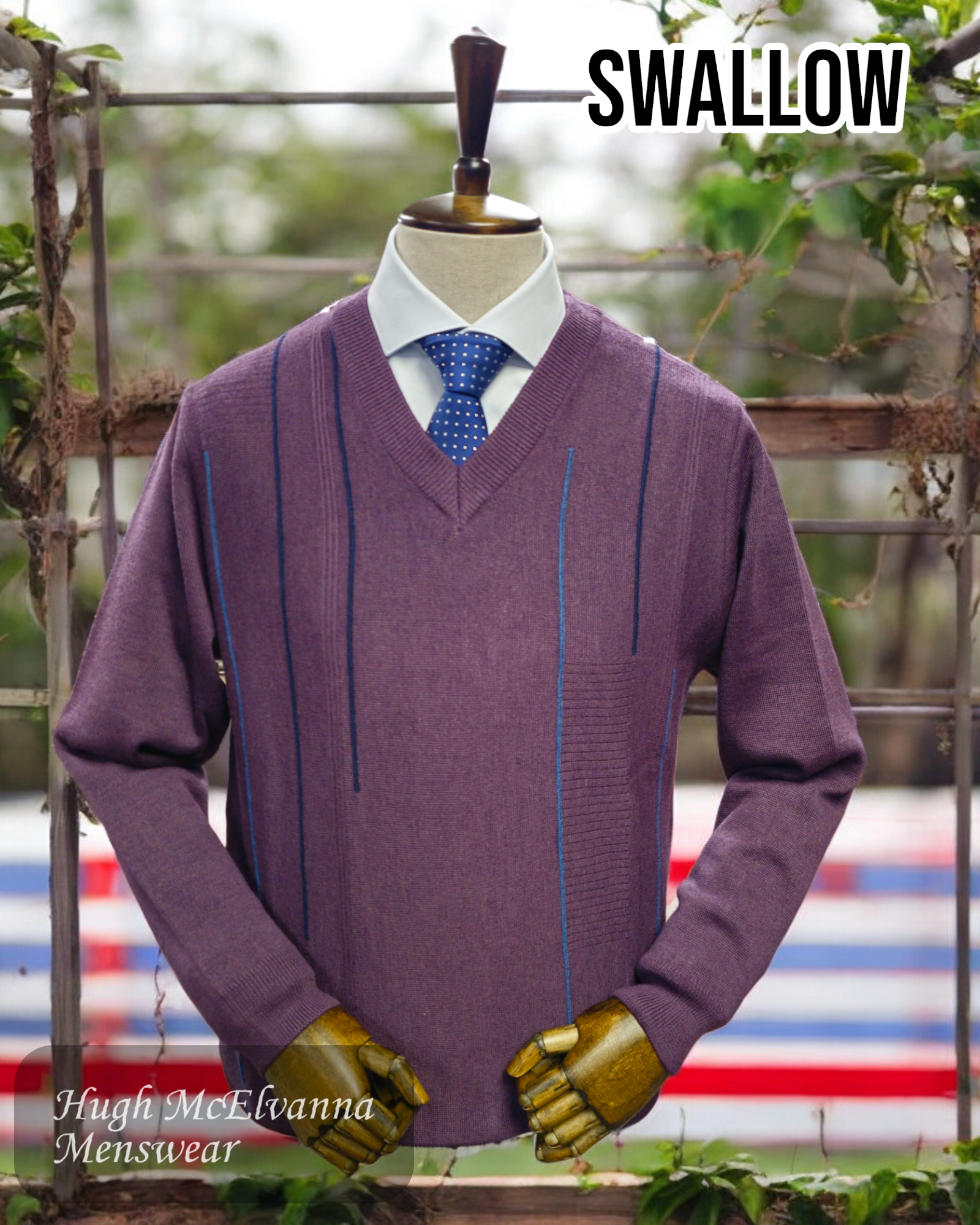 Swallow Knitwear V-Neck Sweater in REIMS (Heather) with a design front - Hugh McElvanna Menswear 