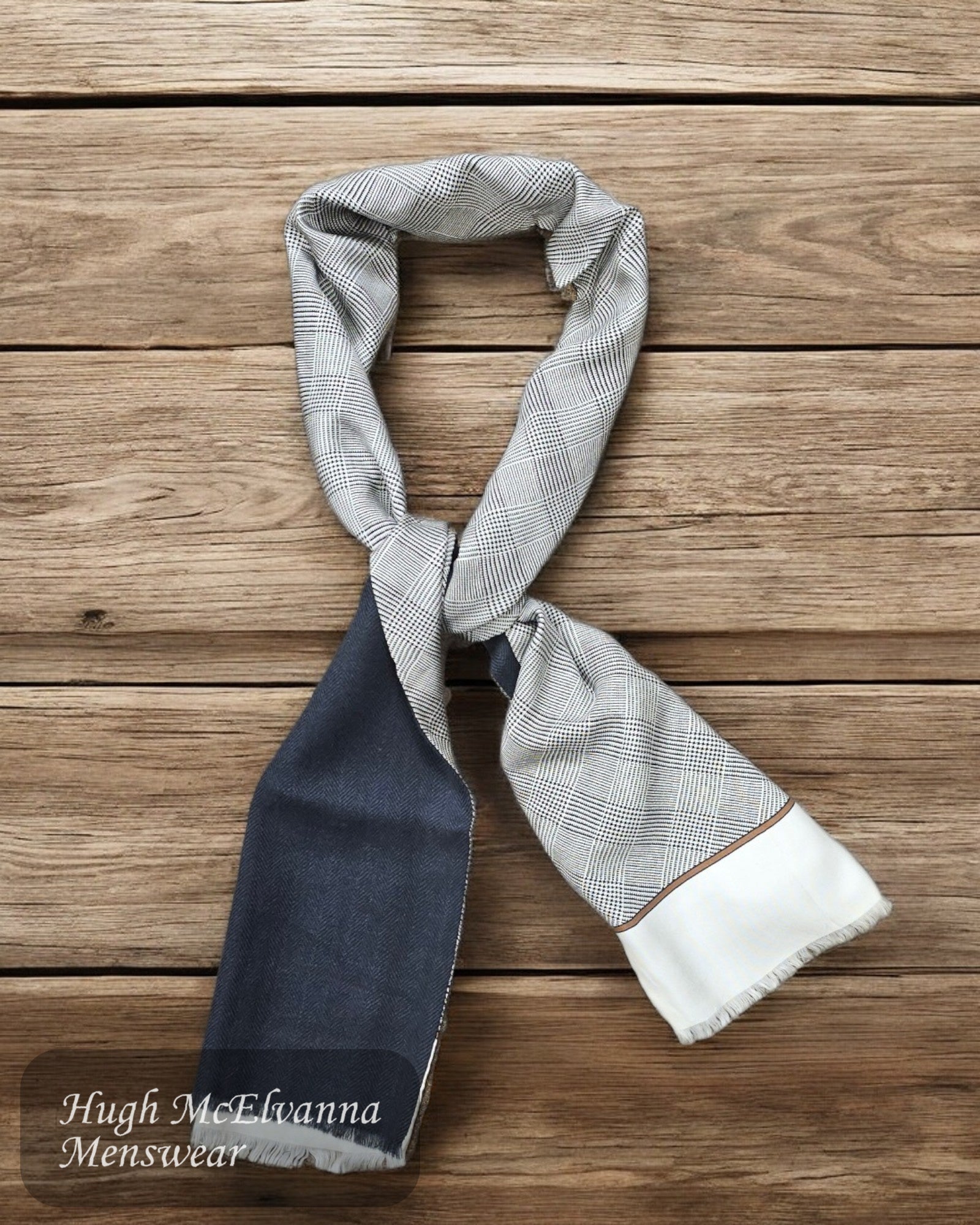 luxurious Taupe Silk Reversible Scarf with grey wool herringbone reverse