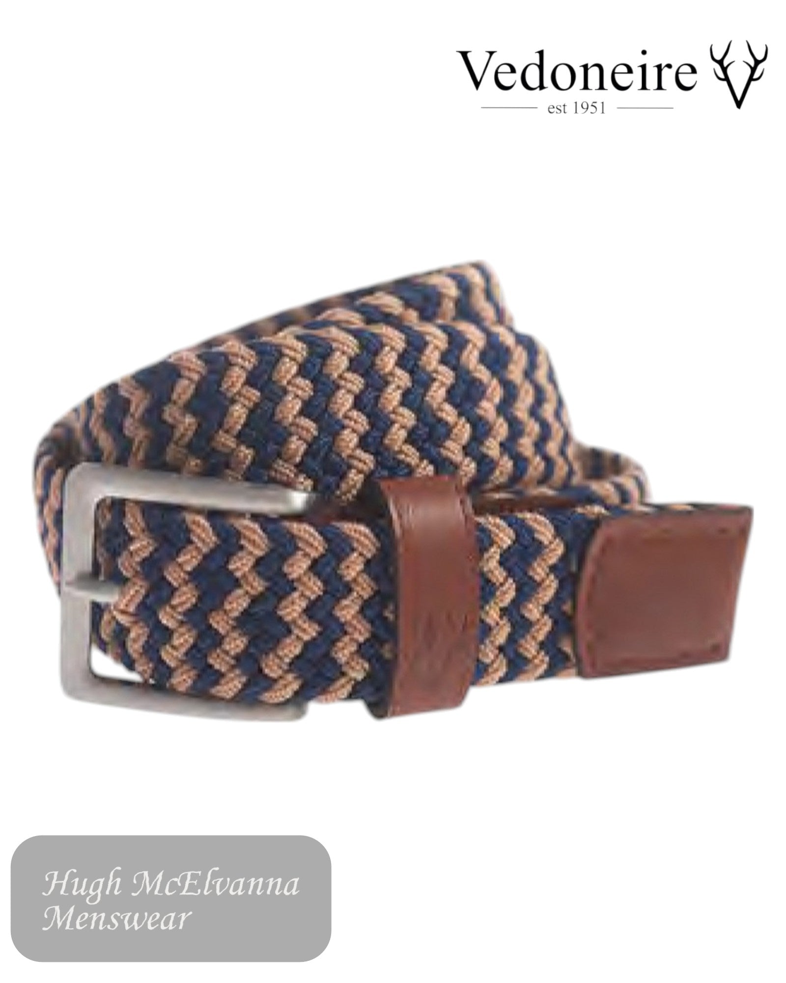 Mens Vedoneire Braided Beige Stretch Belt, Style 9002. This versatile accessory seamlessly combines fashion and function, offering a perfect blend of comfort and trendsetting design.