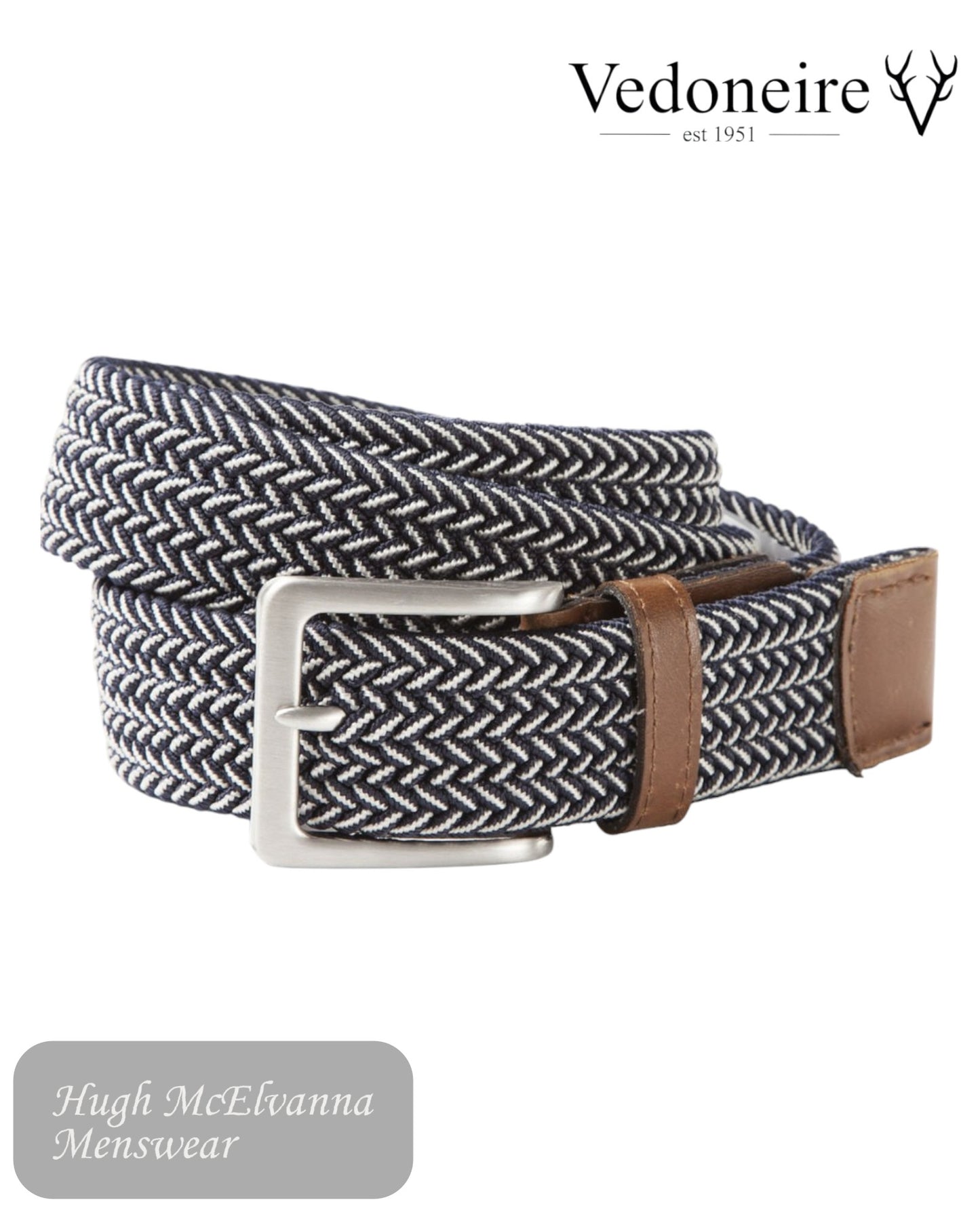  Mens Vedoneire Braided Navy Stretch Belt, Style 9002. This versatile accessory seamlessly blends fashion and function, offering an ideal combination of comfort and trendsetting design. 