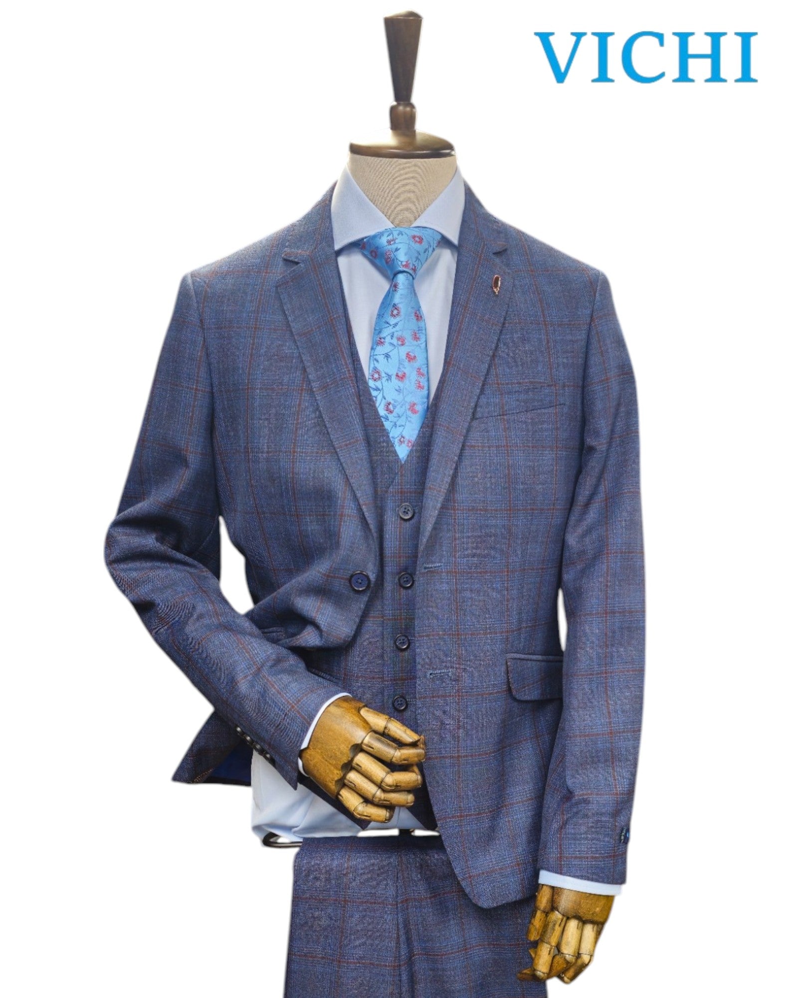 Vichi WALLACE Blue Check 3Pc. COMFORT FIT Mens Suit - Hugh McElvanna Menswear 