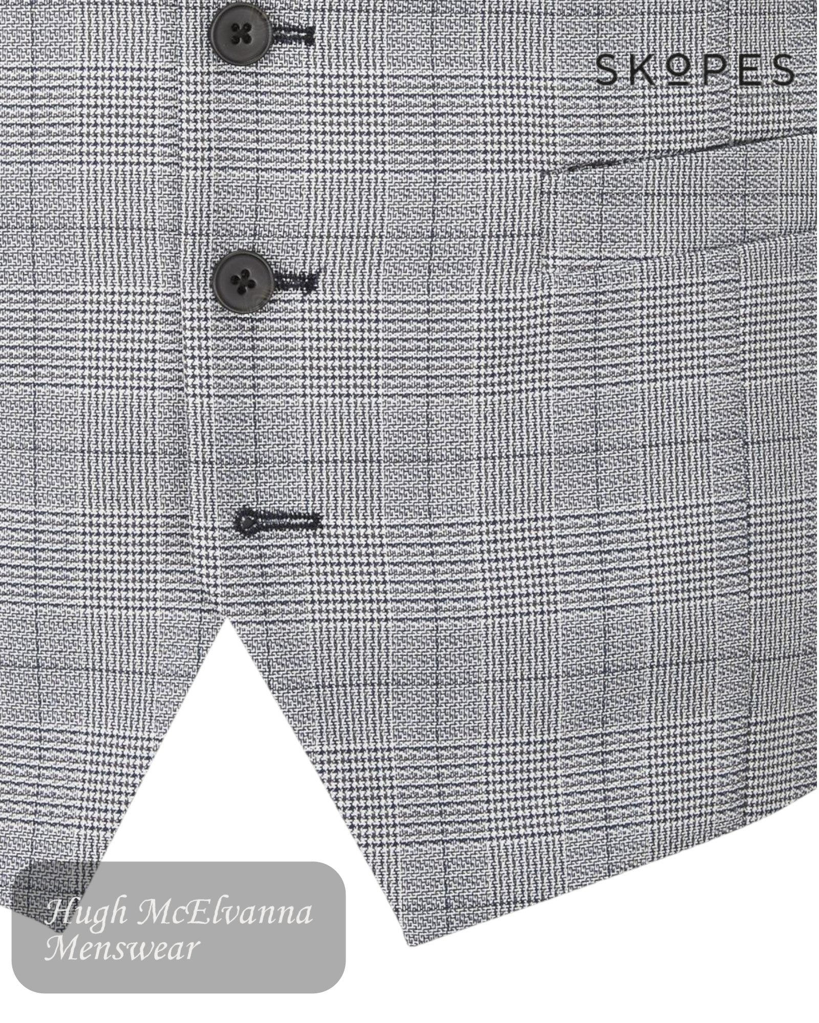 the ANELLO Grey Check Waistcoat features a classic button-front fastening and an adjustable back strap, ensuring a comfortable and customized fit.